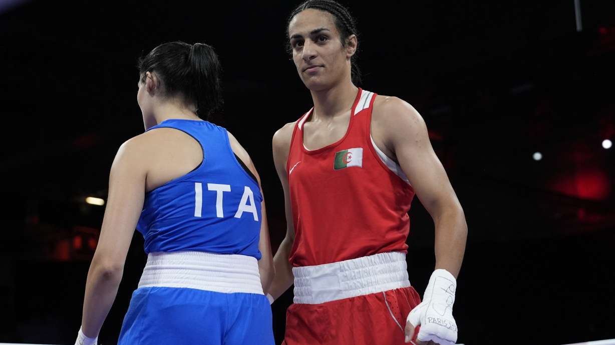 Algeria's Imane Khelif, right, after defeating Italy's Angela Carini in a boxing match at the Olympics Thursday in Paris. Several top Utah GOP leaders have spread misconceptions and questioned Khelif's sex.