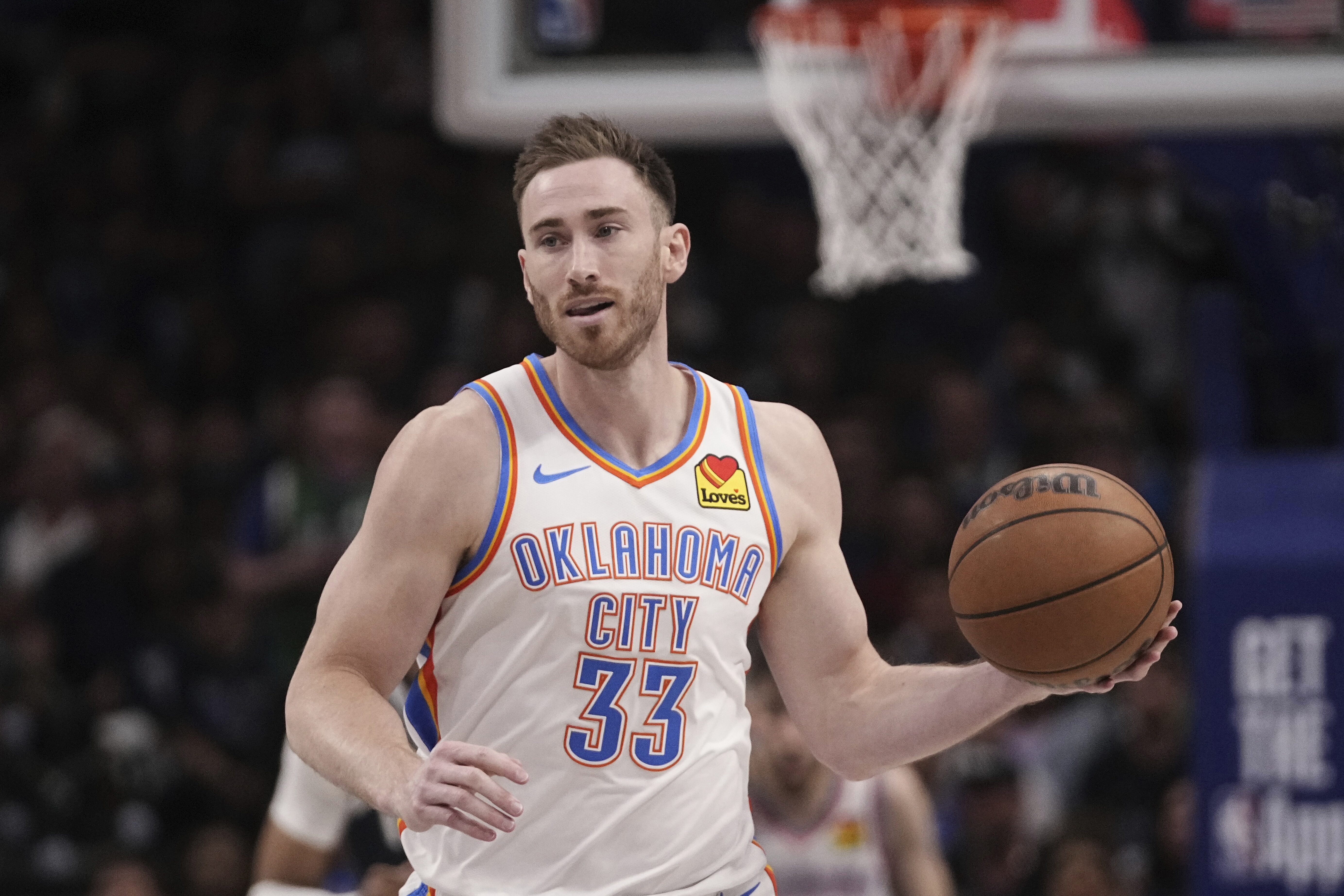 FILE - Oklahoma City Thunder's Gordon Hayward handles the ball in Game 3 of an NBA basketball second-round playoff series against the Dallas Mavericks, on May 11, 2024, in Dallas. Hayward, who nearly gave Butler a national title over Duke with a half-court shot that just missed on the final play of the 2010 NCAA men’s basketball championship game, retired from the NBA after 14 seasons on Thursday, Aug. 1, 2024. 