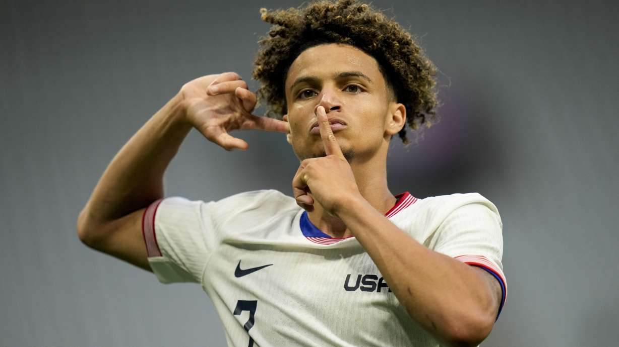 United States' Kevin Paredes celebrates scoring his side's 3rd goal during the men's Group A soccer match between the United States and Guinea, at Geoffroy-Guichard Stadium, during the 2024 Summer Olympics, Tuesday, July 30, 2024, in Saint-Etienne, France.