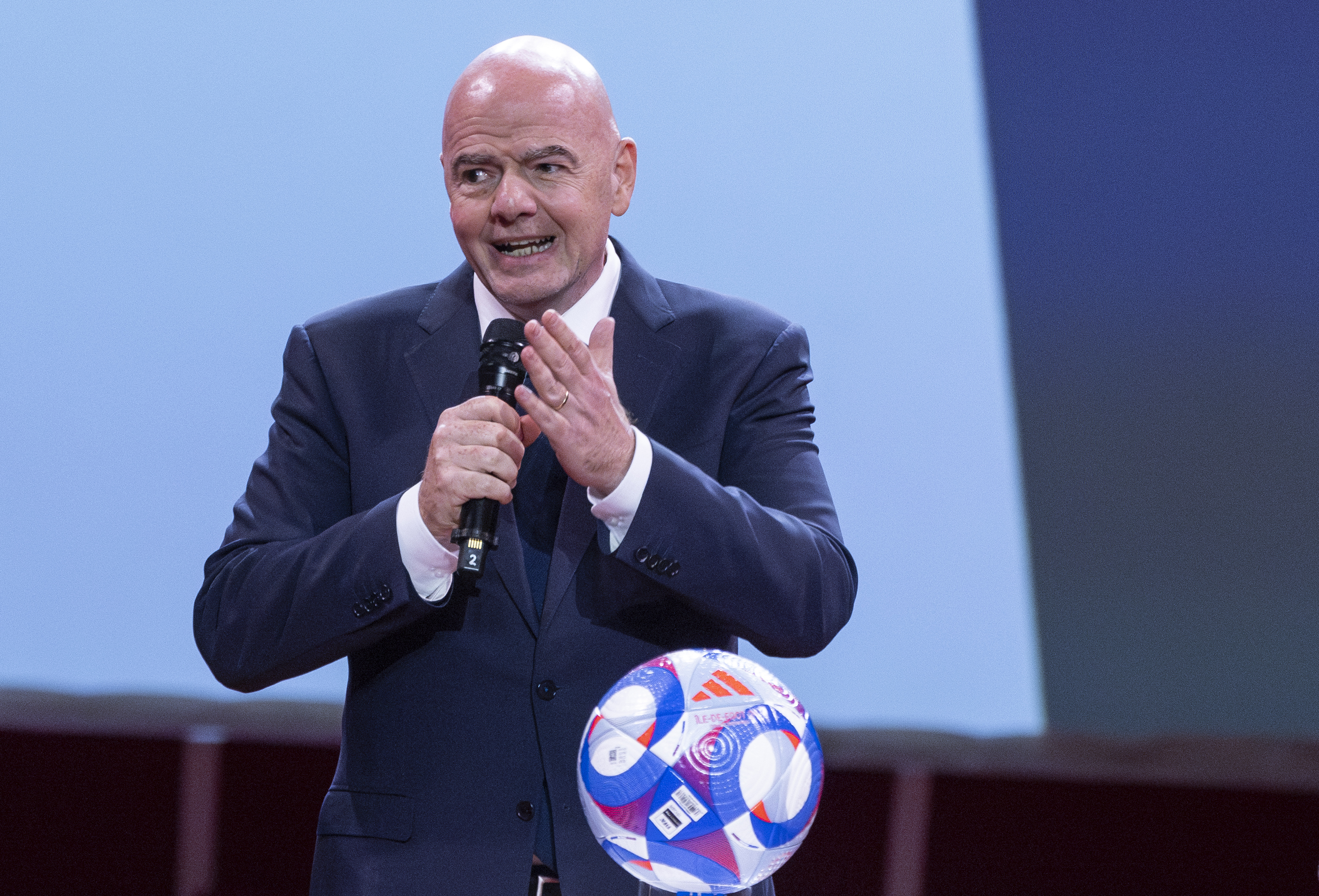FIFA President Gianni Infantino addresses the audience during the Sport for Sustainable Development Summit at the Paris Olympic games, Thursday, July 25 2024 at the Carrousel du Louvre in Paris, France. 