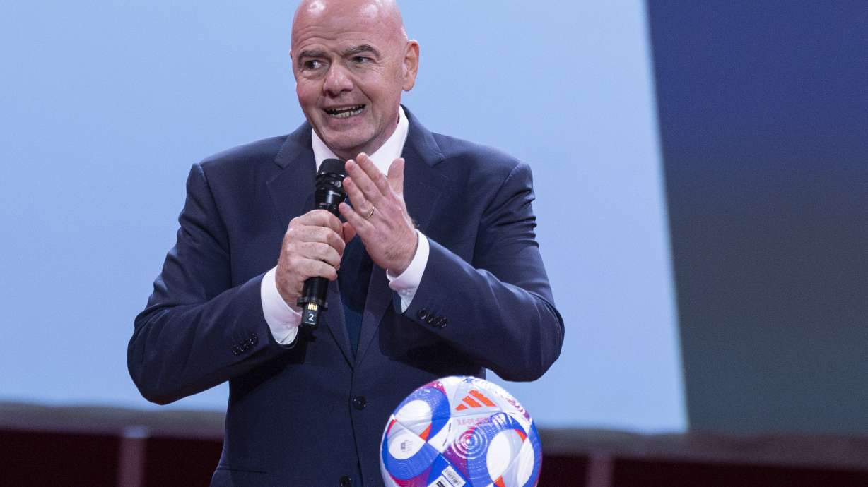 FIFA President Gianni Infantino addresses the audience during the Sport for Sustainable Development Summit at the Paris Olympic games, Thursday, July 25 2024 at the Carrousel du Louvre in Paris, France.