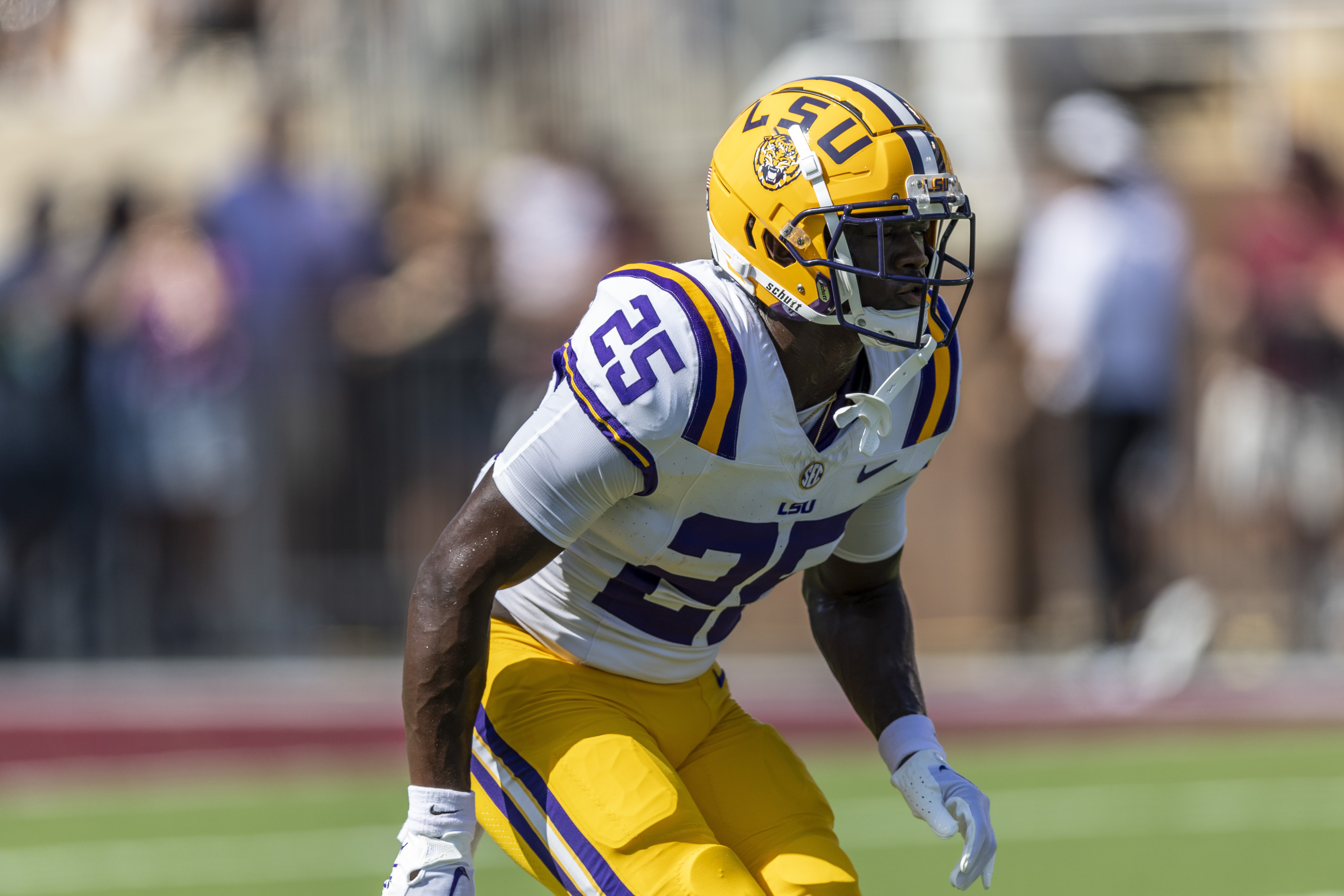 FILE - LSU safety Javien Toviano (25) during an NCAA football game, Sept. 16, 2023, in Starkville, Miss. Toviano surrendered to authorities Sunday, July 21, 2024, on charges of video voyeurism, the East Baton Rouge Parish sheriff's office said. 