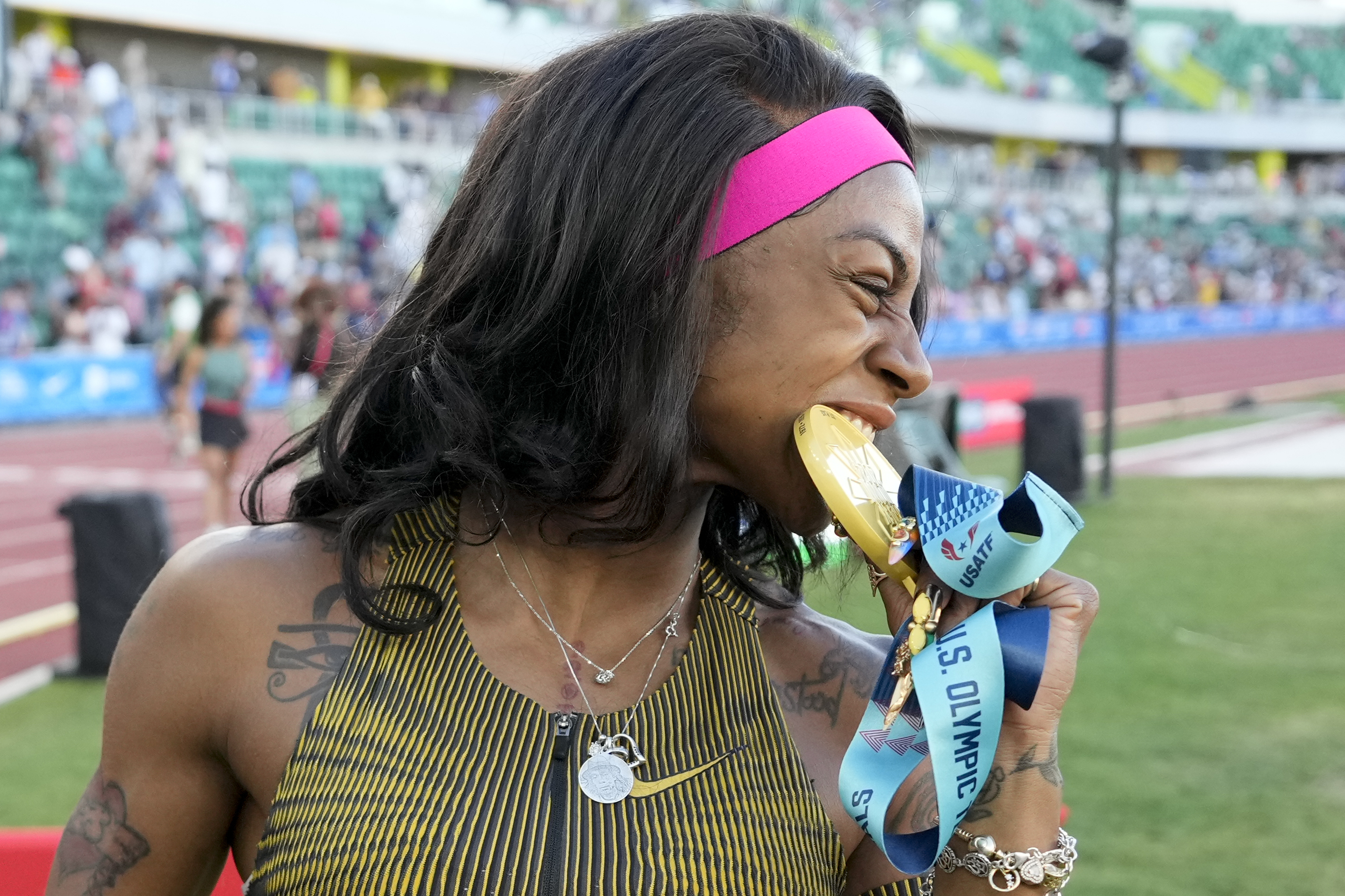 FILE - Sha'Carri Richardson celebrates her win in the women's 100-meter run final during the U.S. Track and Field Olympic Team Trials Saturday, June 22, 2024, in Eugene, Ore. All signs point toward Richardson getting that win in the Olympic 100-meter final, set for Aug. 3 at the Stade de France. 