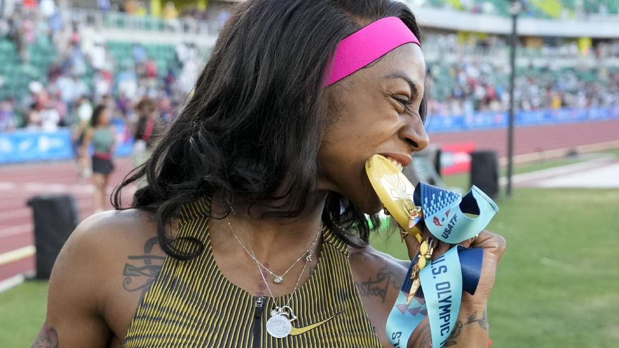 FILE - Sha'Carri Richardson celebrates her win in the women's 100-meter run final during the U.S. Track and Field Olympic Team Trials Saturday, June 22, 2024, in Eugene, Ore. All signs point toward Richardson getting that win in the Olympic 100-meter final, set for Aug. 3 at the Stade de France.