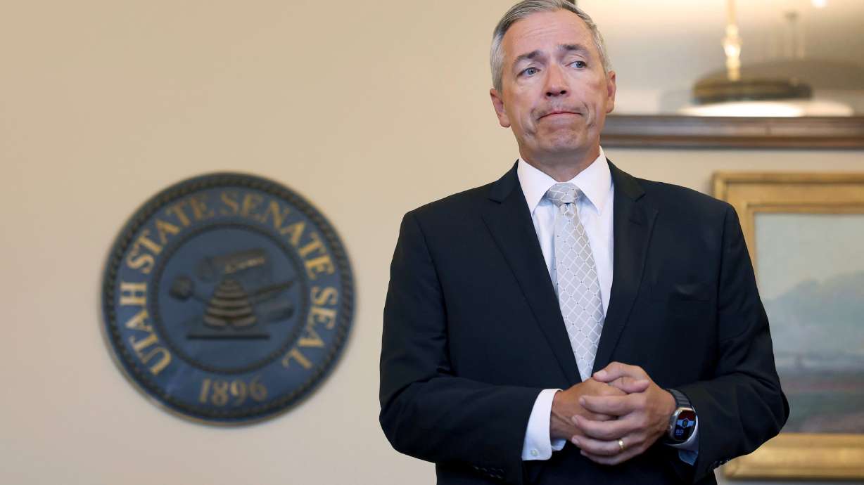 Sen. Daniel McCay, R-Riverton, speaks to the media about the Utah Supreme Court upholding a suspension of the state’s near-total ban on abortion at the Capitol in Salt Lake City on Thursday. Abortion care will remain legal in Utah, for now.