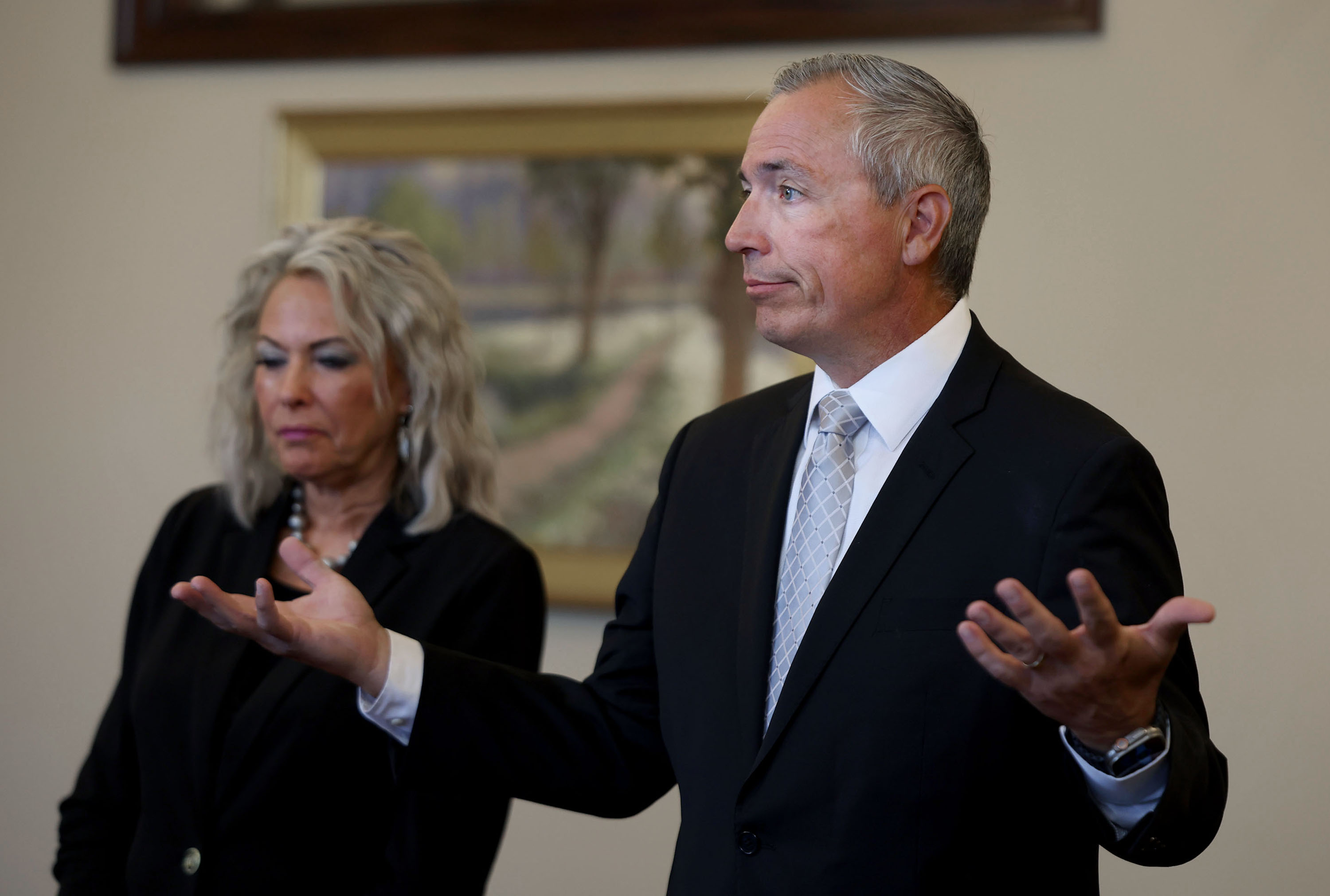 Sen. Daniel McCay, R-Riverton, and Mary Taylor, president of Pro-life Utah, speak to the media at the Capitol in Salt Lake City on Thursday.