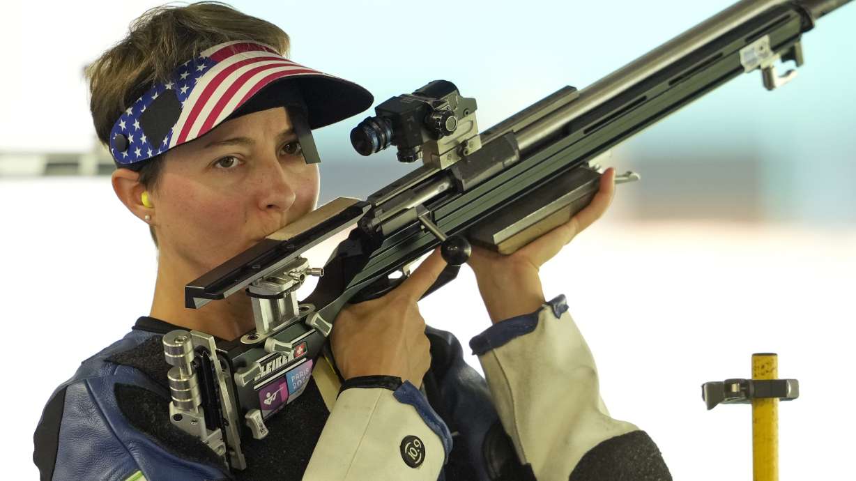 Sagen Maddalena of the United States competes in the 50m rifle 3 positions women's qualification round at the 2024 Summer Olympics, Thursday, Aug. 1, 2024, in Chateauroux, France.
