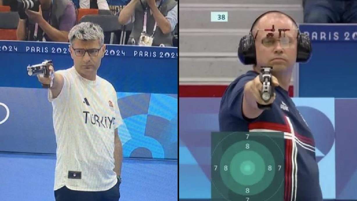 Yusuf Dikec, left, competes in Olympic pistol shooting without any of the eye and ear gear seen on the right.