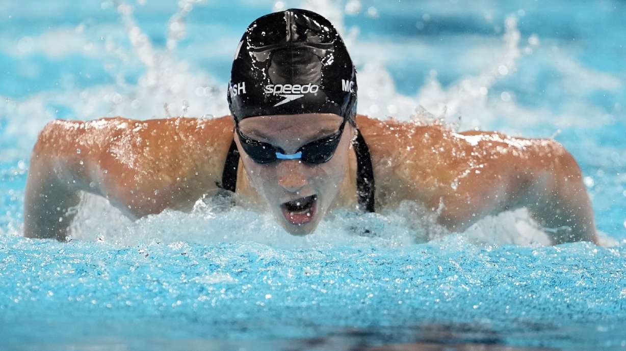 Summer McIntosh, of Canada, competes in the women's 200-meter butterfly final at the 2024 Summer Olympics, Thursday, in Nanterre, France.