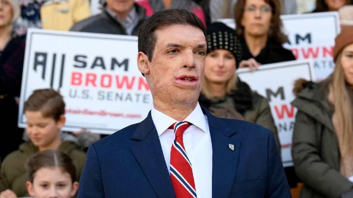 Republican senatorial candidate Sam Brown speaks after filing his paperwork to run for the Senate, March 14 at the State Capitol in Carson City, Nev. Brown is seeking to replace incumbent Sen. Jacky Rosen.