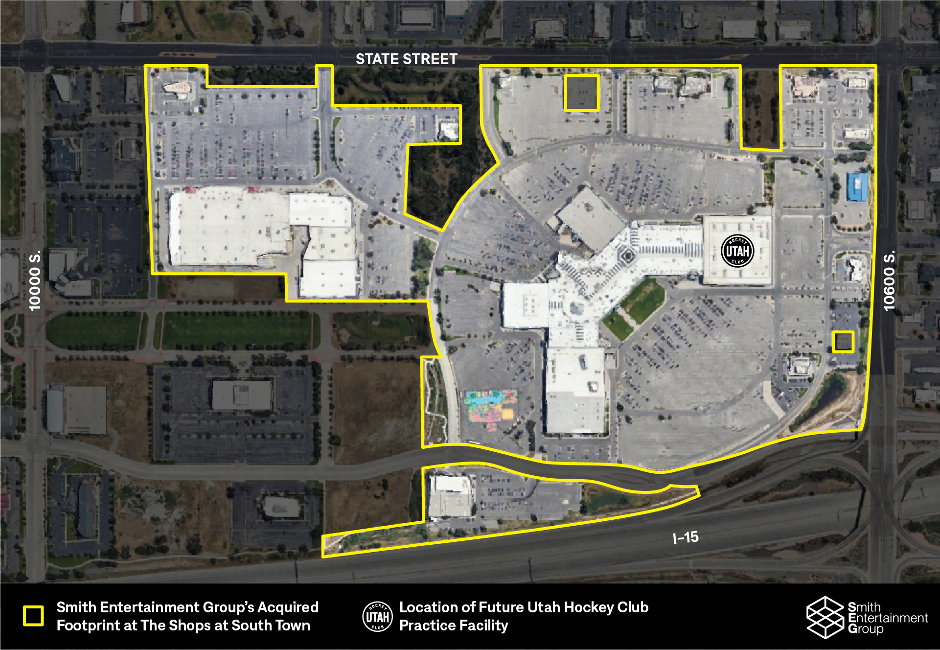 This map shows where the Utah Hockey Club training facilities will be located within the the Shops at South Town.