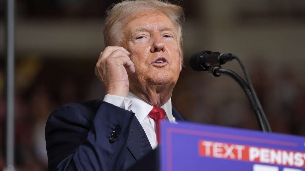 Republican presidential candidate former president Donald Trump speaks at a campaign rally, Wednesday in Harrisburg, Pa. Trump's campaign and its related affiliates say they raised $138.7 million last month.