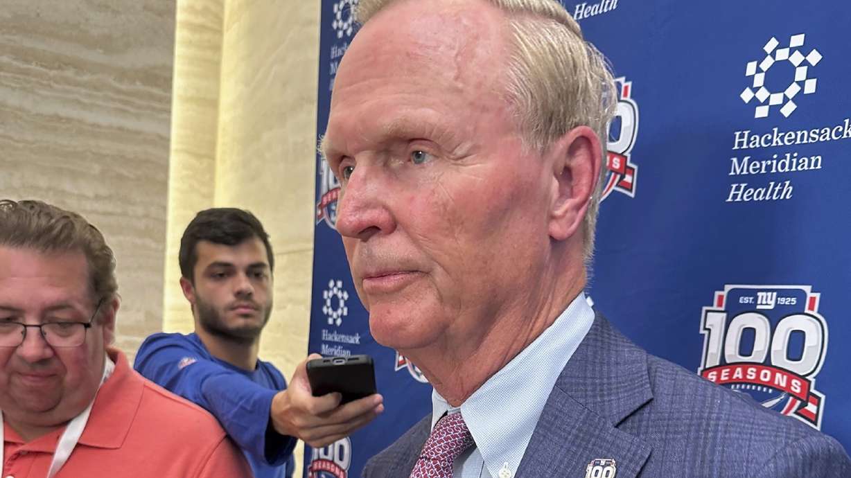 New York Giants co-owner John Mara speaks to the media Thursday, Aug. 1, 2024, about his expectations for this football season after a news conference at Hackensack Medical Center in Hackensack, N.J., to celebrate a partnership with the hospital as the team commemorates its 100th NFL season.