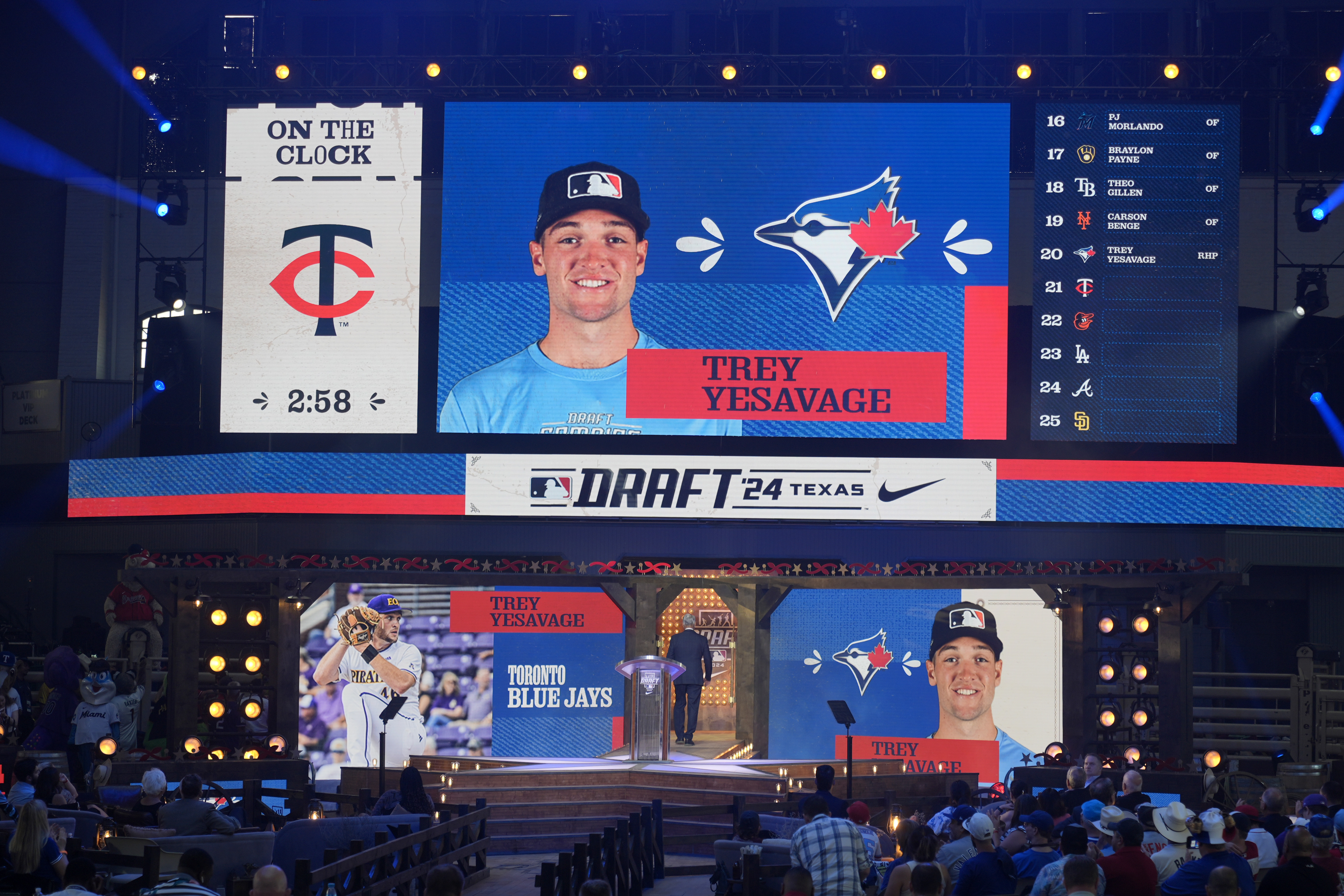 A photo of Trey Yesavage is shown on the video board after Yesavage was selected 20th overall by the Toronto Blue Jays in the first round of the MLB baseball draft in Fort Worth, Texas, Sunday, July 14, 2024.