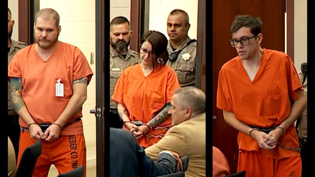 The three family members convicted in the 2024 death of Gavin Peterson appear in the 2nd District Court in Ogden on Aug. 2, 2024, from left, Shane Peterson, Nichole Scott and Tyler Peterson. Tyler Peterson, Gavin's older brother, received a prison sentence on Tuesday.