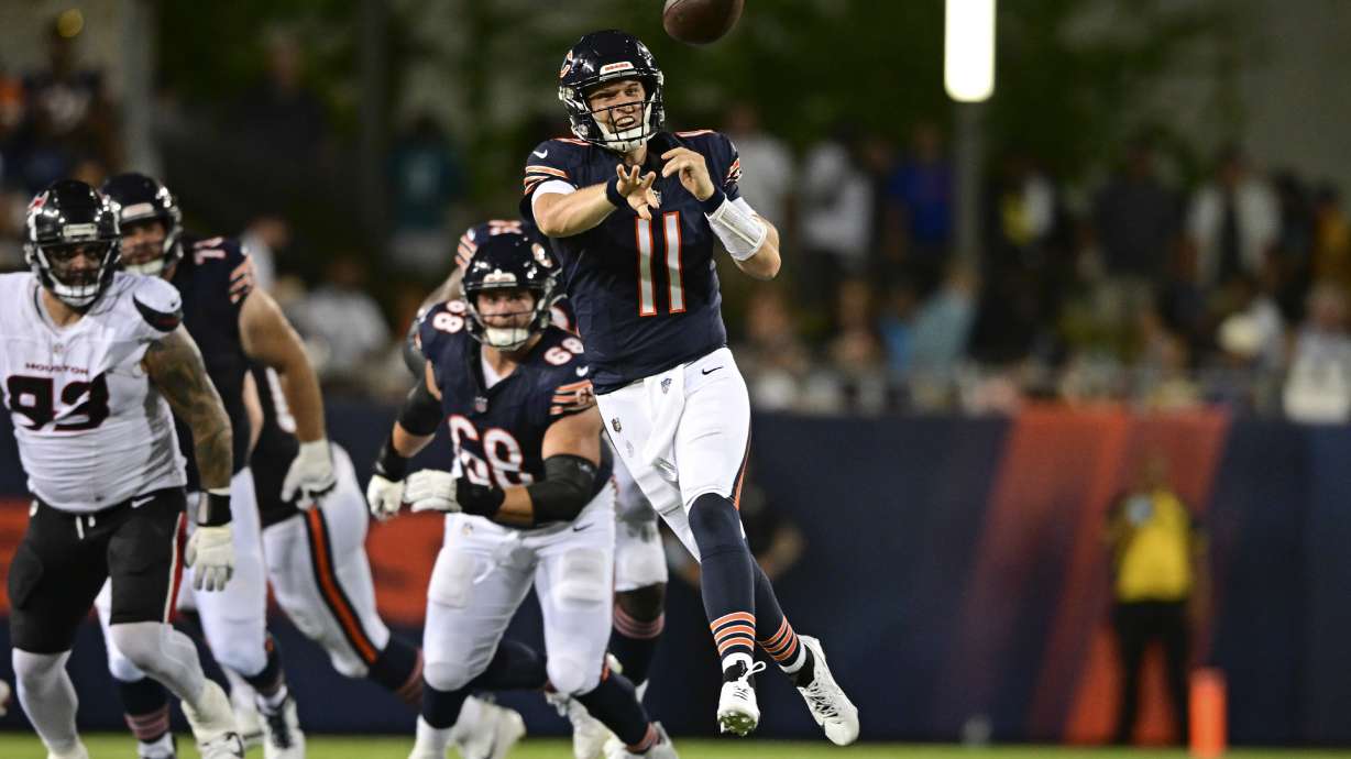 Chicago Bears quarterback Brett Rypien (11) throws a pass during the second half of an NFL exhibition Hall of Fame football game against the Houston Texans, Thursday, Aug. 1, 2024, in Canton, Ohio.