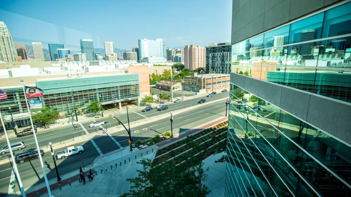 Downtown Salt Lake City seen from the top floor of the Delta Center Thursday. The Downtown Revitalization District is one of several projects expected to drastically change the area in the next decade.
