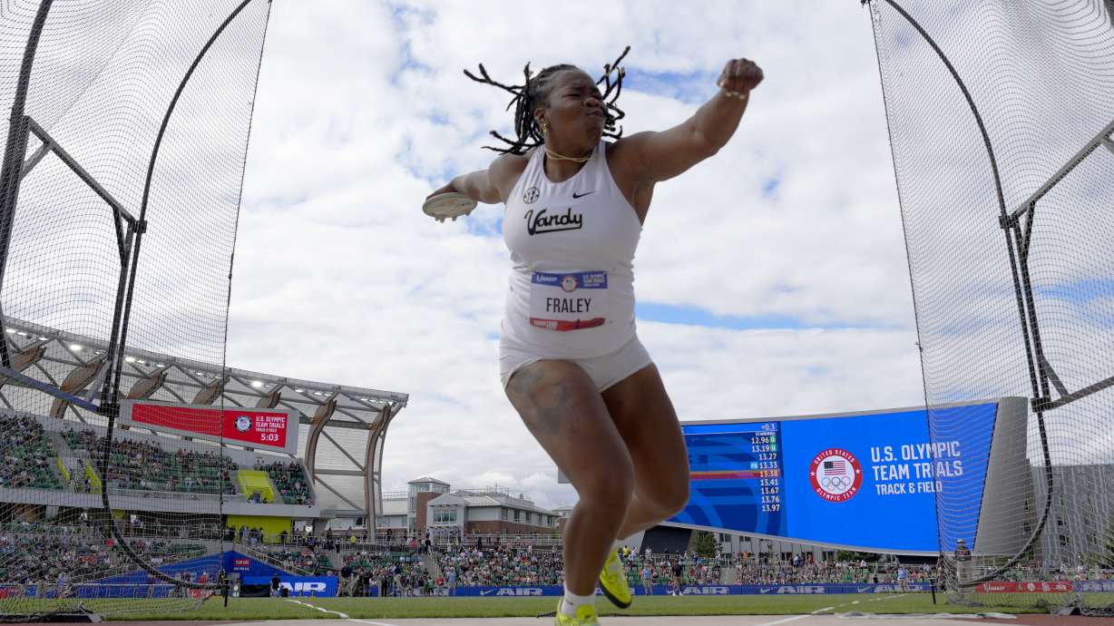FILE - Veronica Fraley competes in the women's discus throw final during the U.S. Track and Field Olympic Team Trials on June 27, 2024, in Eugene, Ore.
