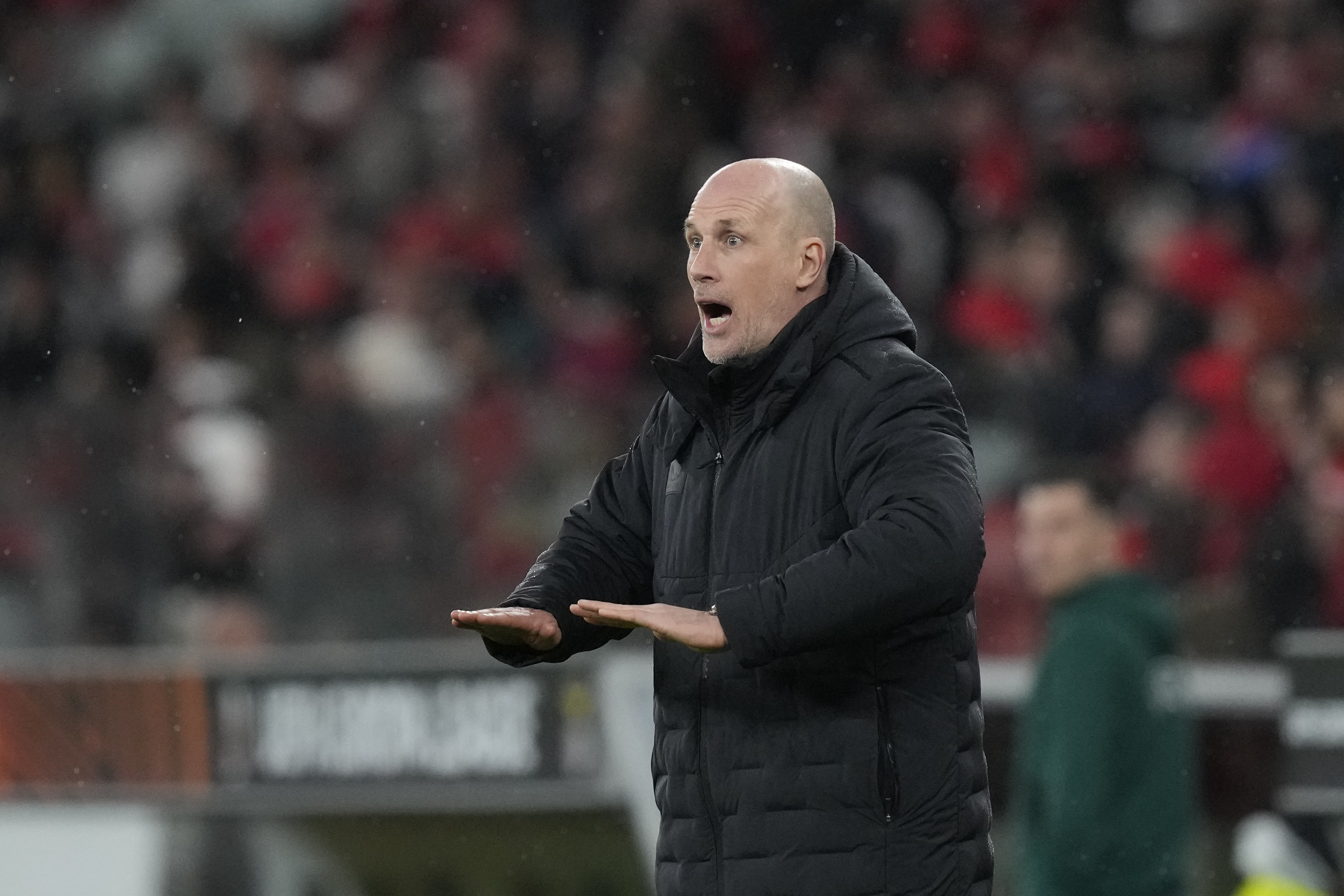 FILE -Rangers' head coach Philippe Clement gives instructions during the Europa League round of 16, first leg, soccer match between SL Benfica and Rangers FC at the Luz stadium in Lisbon, March 7, 2024. 
