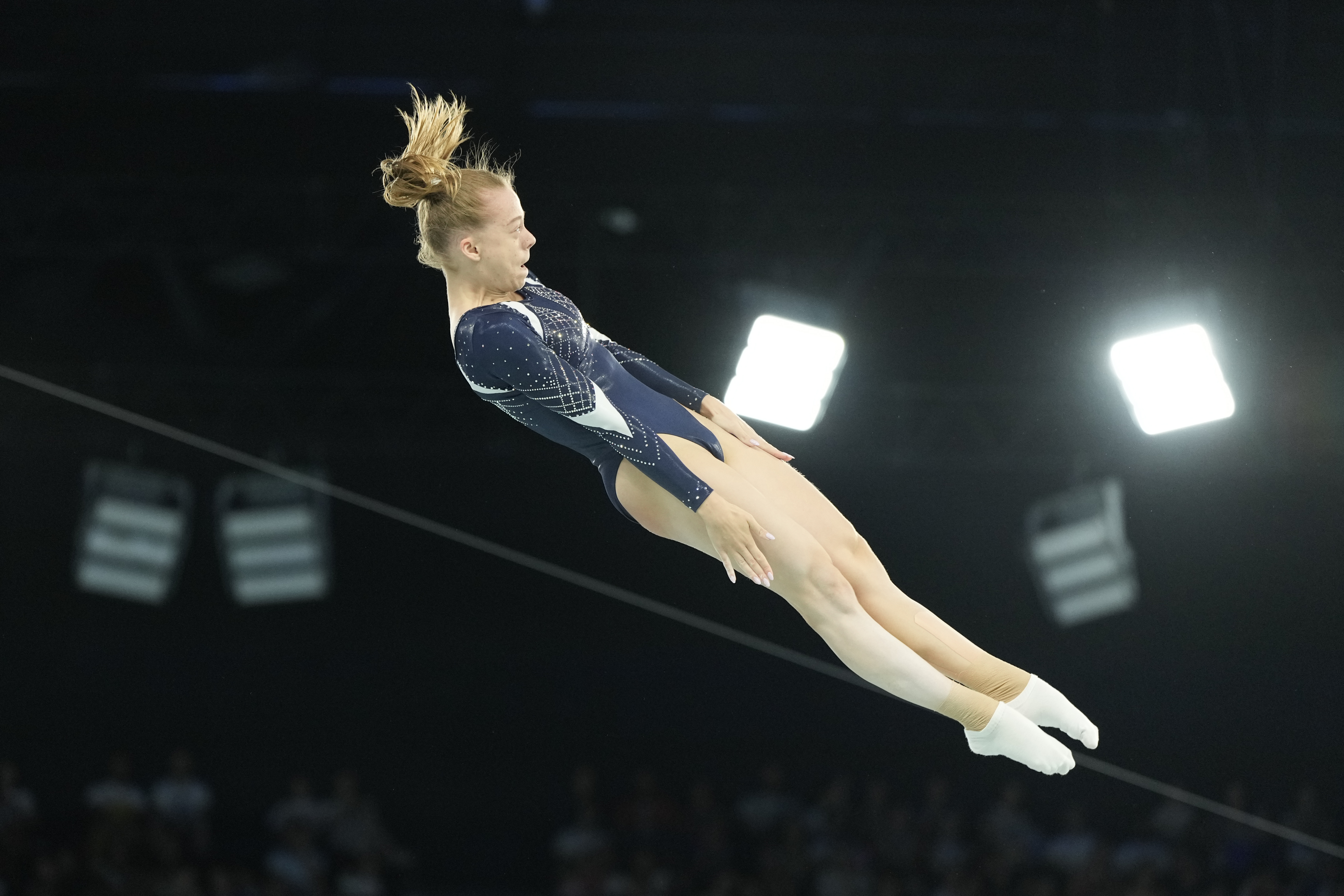 Viyaleta Bardzilouskaya of Individual Neutral Athletes competes during the women's trampoline qualification round in Bercy Arena at the 2024 Summer Olympics, Friday, Aug. 2, 2024, in Paris, France.