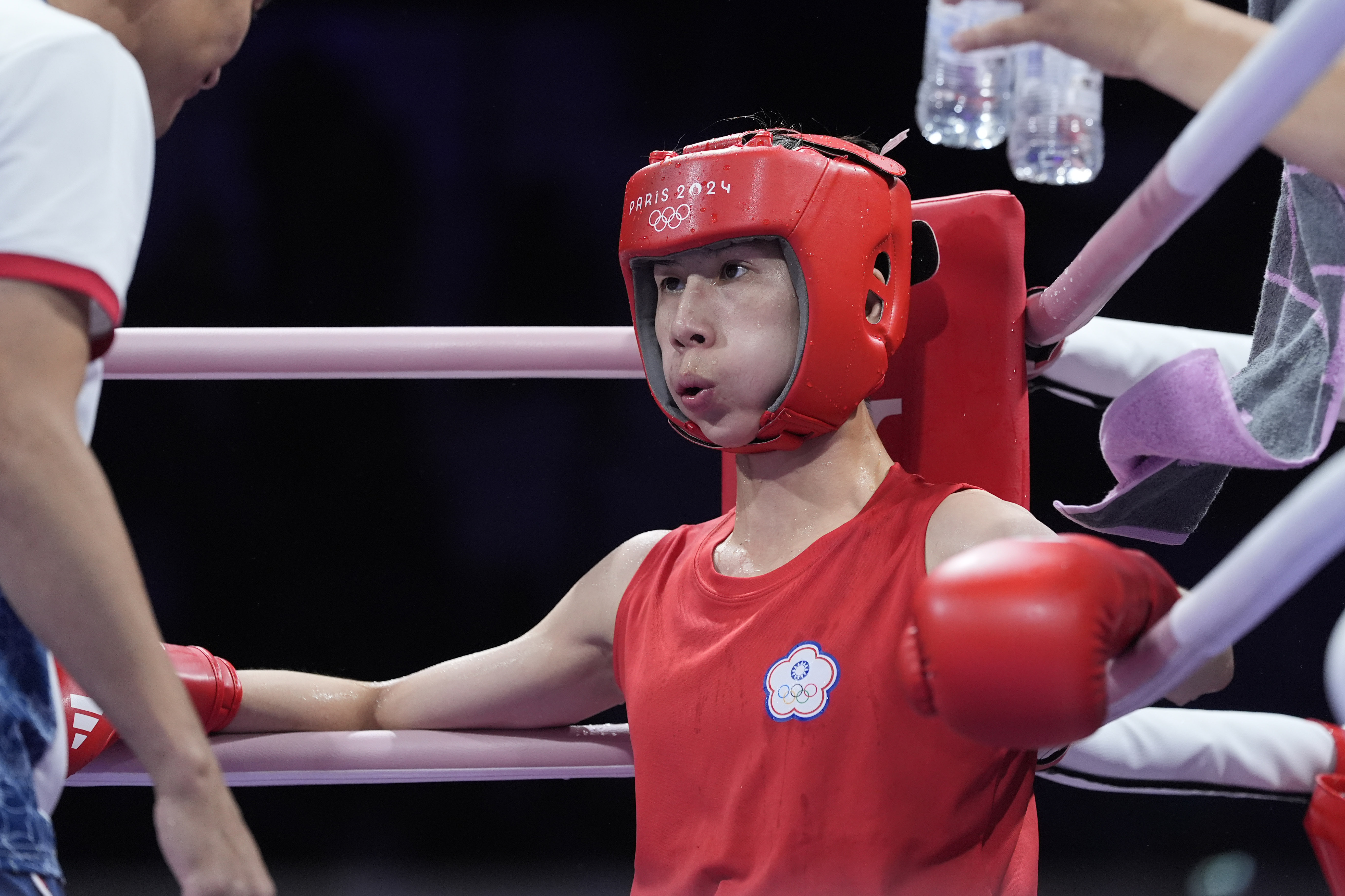 Taiwan's Lin Yu-ting rests between rounds against Uzbekistan's Sitora Turdibekova in their women's 57 kg preliminary boxing match at the 2024 Summer Olympics, Friday, Aug. 2, 2024, in Paris, France. 