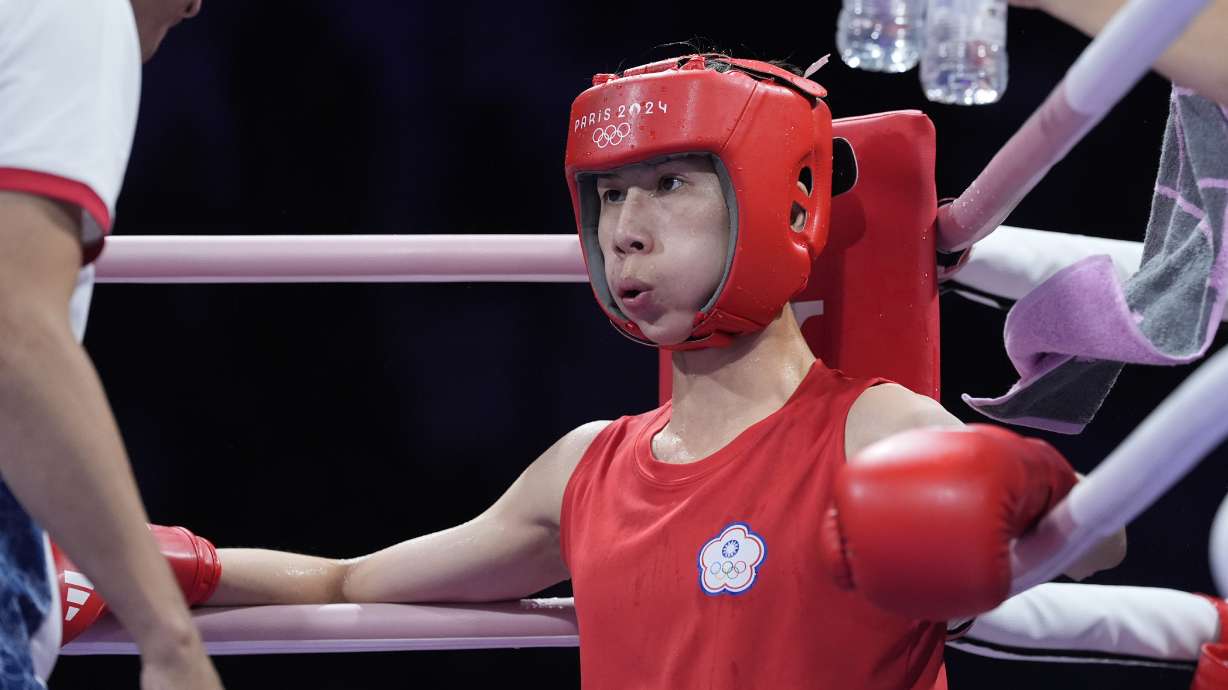 Taiwan's Lin Yu-ting rests between rounds against Uzbekistan's Sitora Turdibekova in their women's 57 kg preliminary boxing match at the 2024 Summer Olympics, Friday, Aug. 2, 2024, in Paris, France.