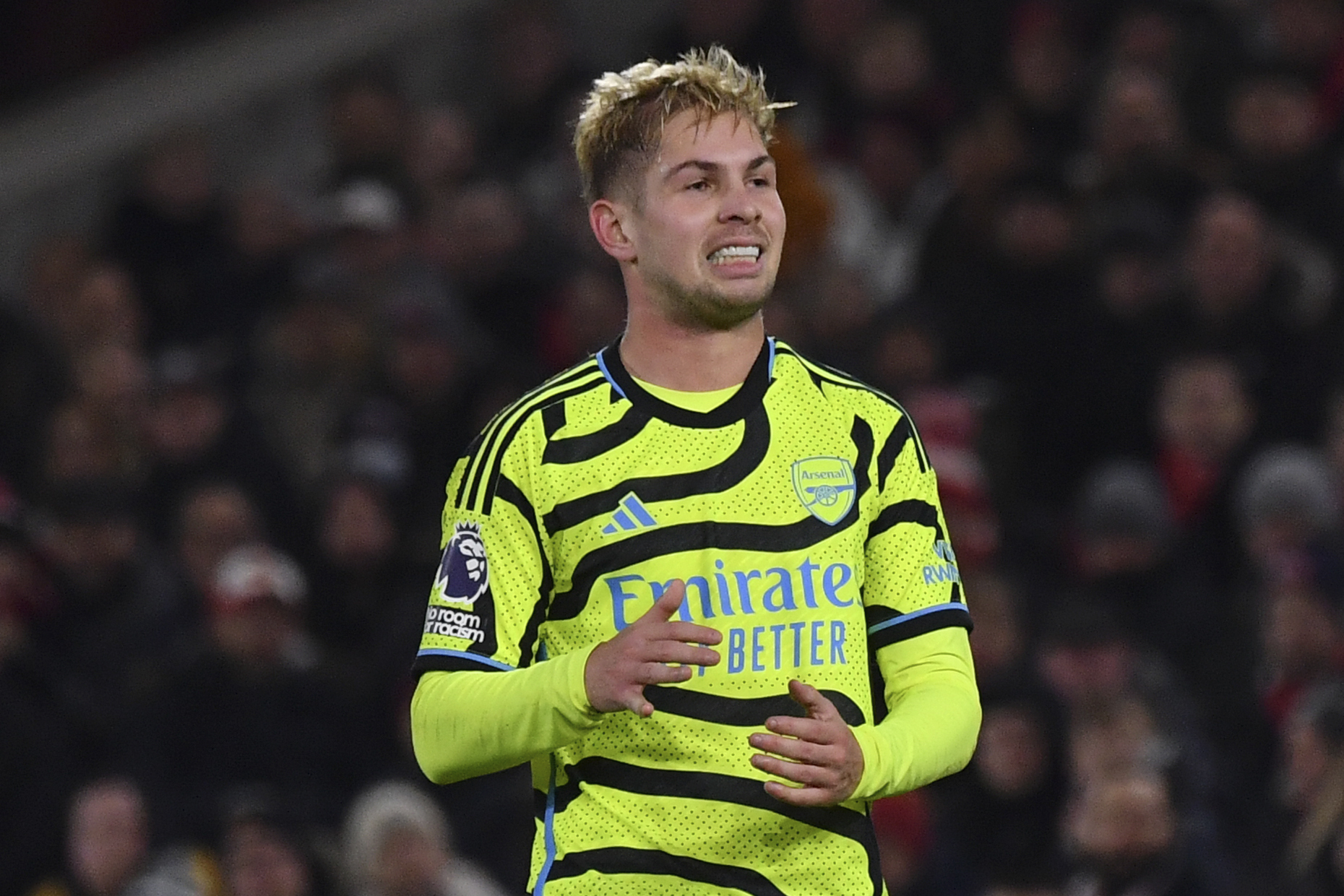 FILE - Arsenal's Emile Smith Rowe reacts after missing a scoring chance during the English Premier League soccer match between Nottingham Forest and Arsenal at the City Ground stadium in Nottingham, England, Tuesday, Jan. 30, 2024. Fulham has signed midfielder Emile Smith Rowe from Arsenal on a five-year contract with the option of a 12-month extension. 