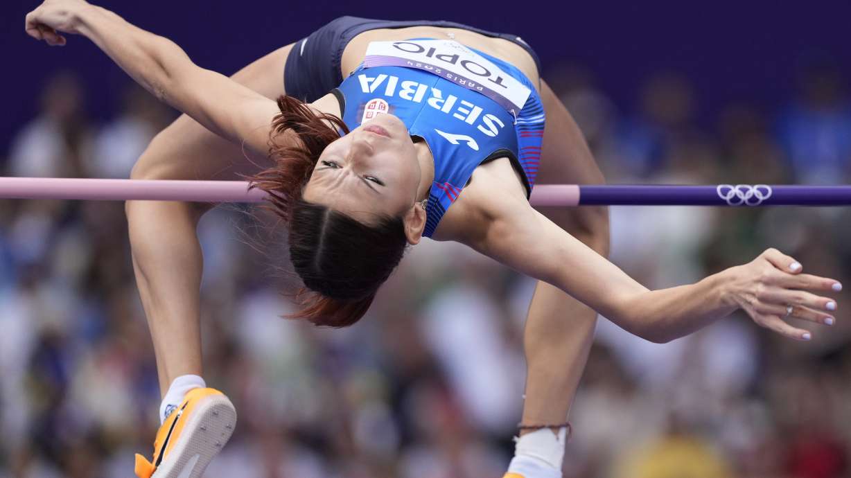 Angelina Topic, of Serbia, makes an attempt in the women's high jump qualification at the 2024 Summer Olympics, Friday, Aug. 2, 2024, in Saint-Denis, France.
