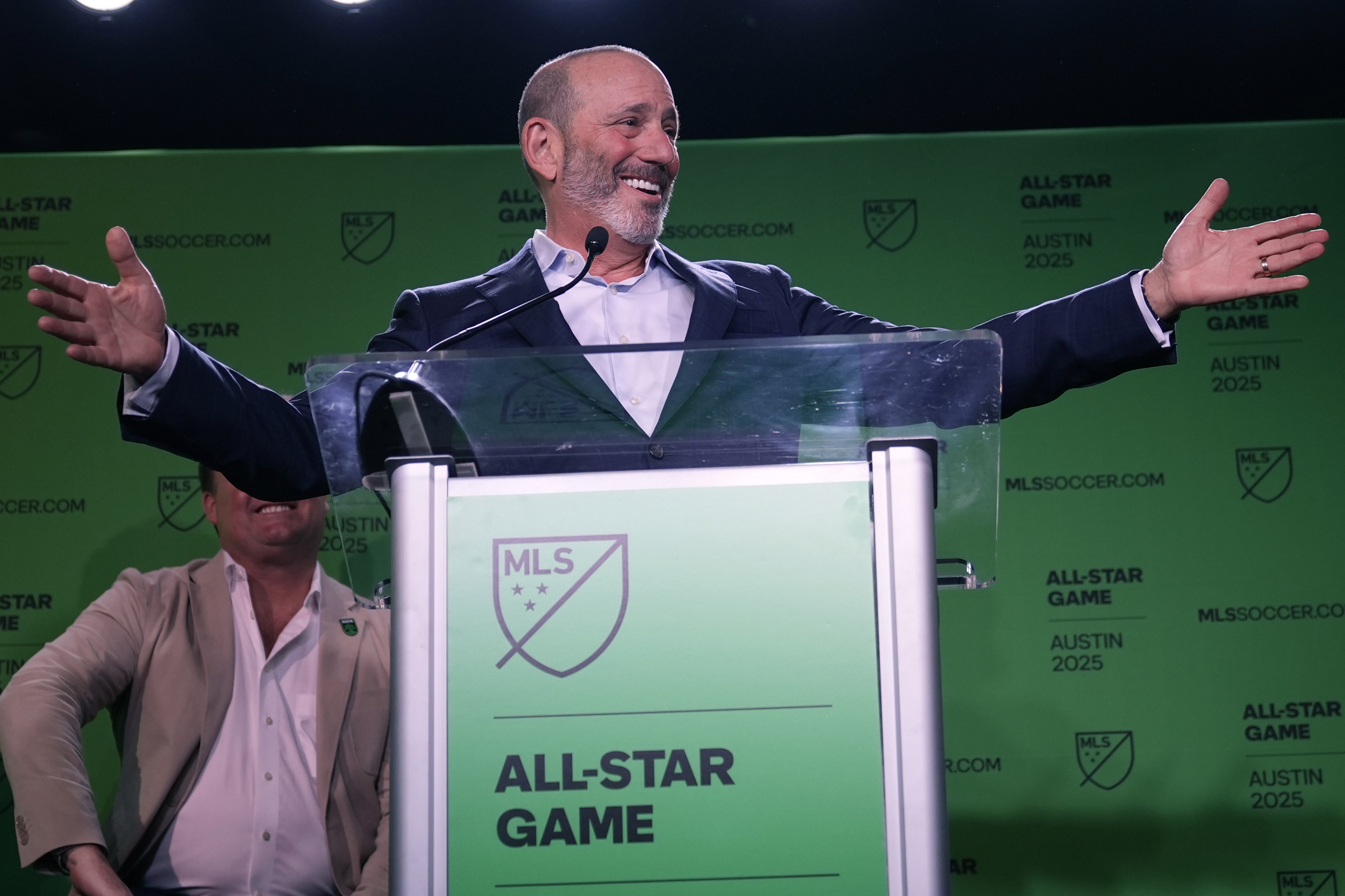 FILE - Major League Soccer Commissioner Don Garber announces that Austin FC will host the 2025 MLS All-Star soccer game, Wednesday, May 15, 2024, in Austin, Texas. Garber never pretended to know everything about soccer, but he did know business -- and that’s served him well as the head of Major League Soccer for the past 25 years. 