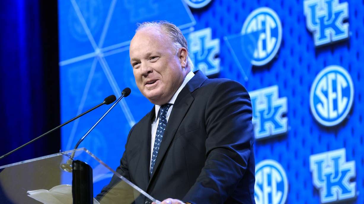 Kentucky head football coach Mark Stoops speaks during the Southeastern Conference NCAA college football media days Thursday, July 18, 2024, in Dallas.