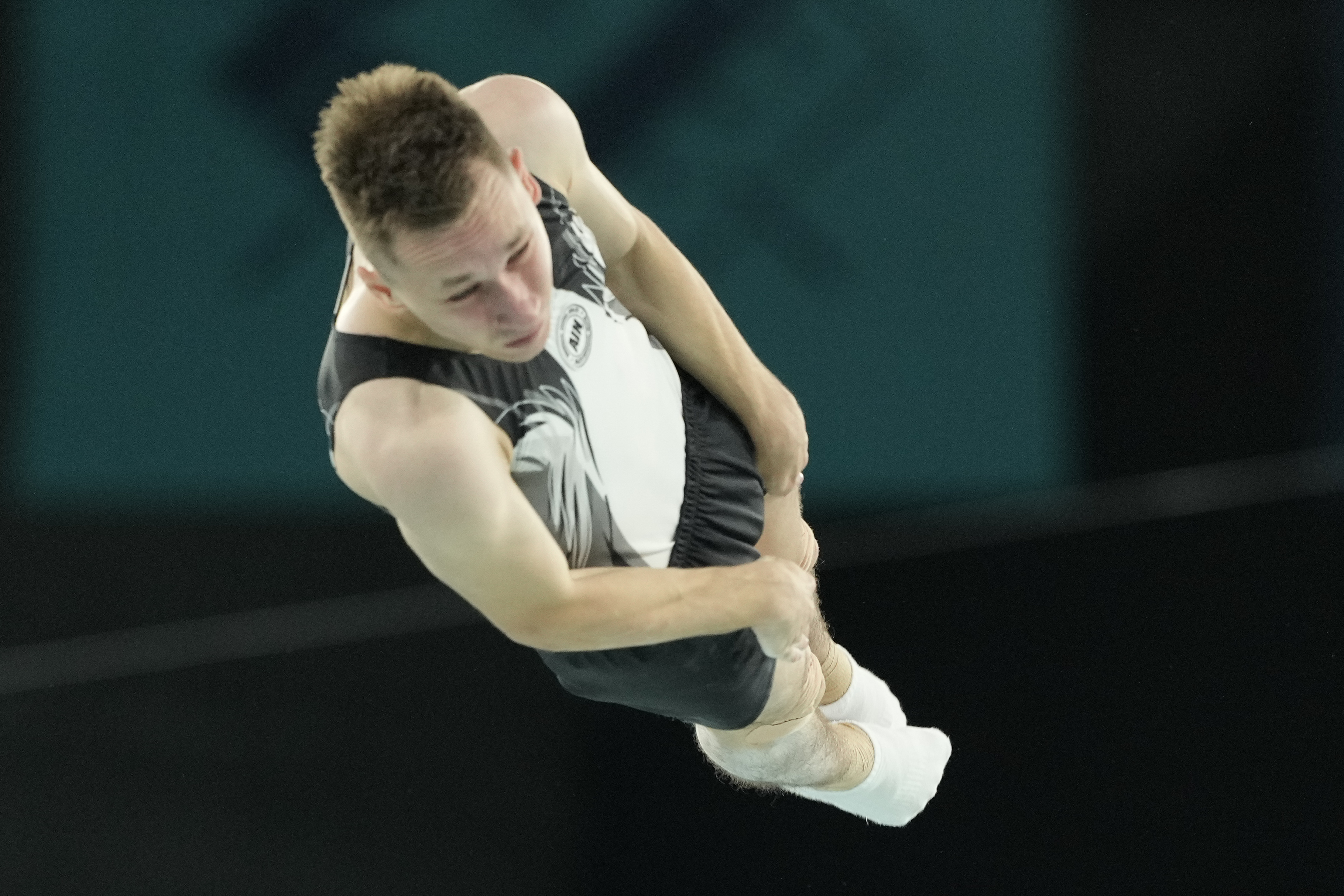 Ivan Litvinovich of the Individual Neutral Athletes competes during the men's trampoline finals in Bercy Arena at the 2024 Summer Olympics, Friday, Aug. 2, 2024, in Paris, France. 