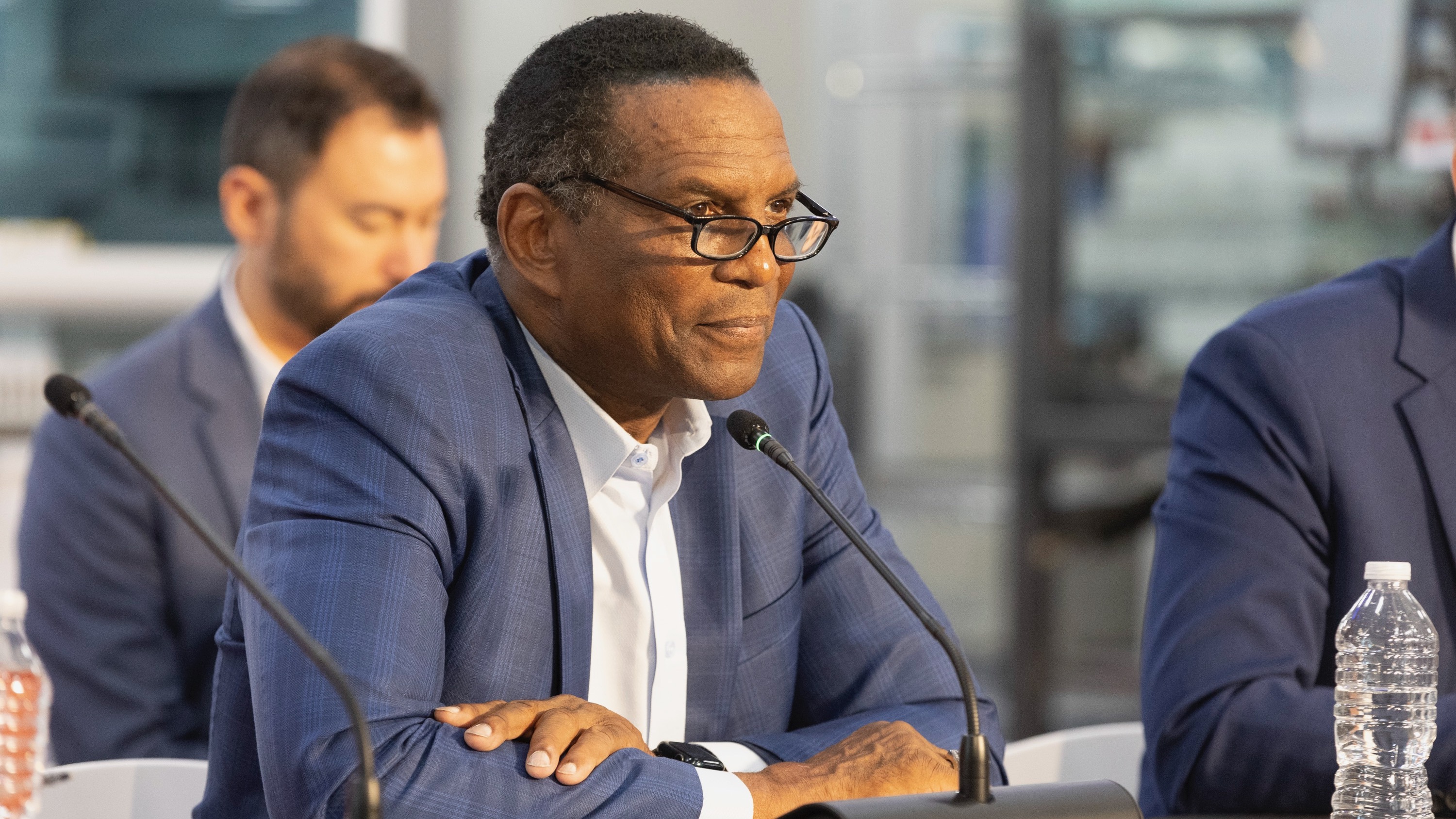 Rep. Burgess Owens, R-Utah, listens at ARUP Laboratories in Salt Lake City on July 12. Owens has unveiled a bill to curb transport of migrants from city to city, spurred by news last June that Denver had sent hundreds of migrants to Salt Lake City.