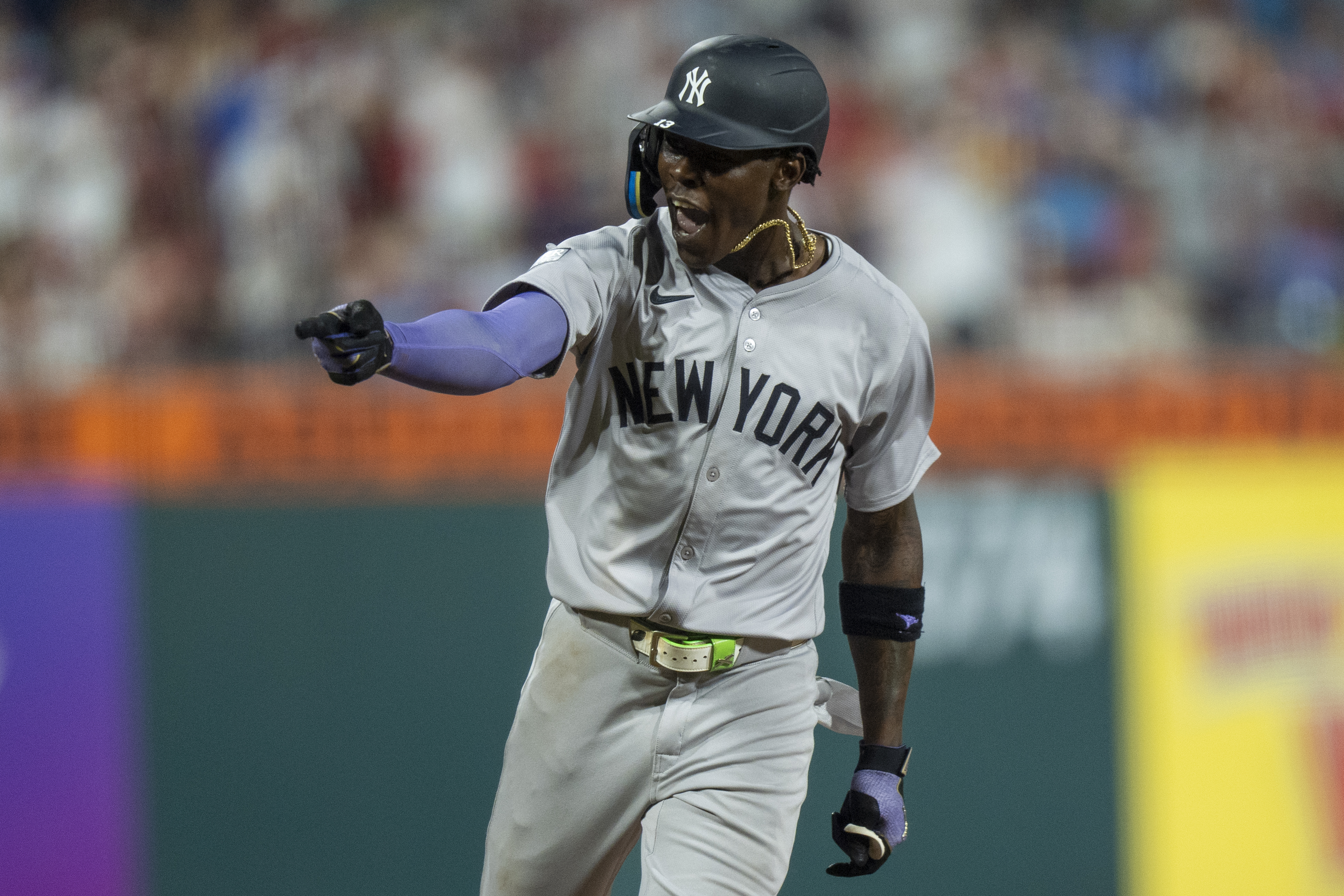 New York Yankees' Jazz Chisholm Jr. reacts to his three-run home run during the seventh inning of a baseball game against the Philadelphia Phillies, Tuesday, July 30, 2024, in Philadelphia. 