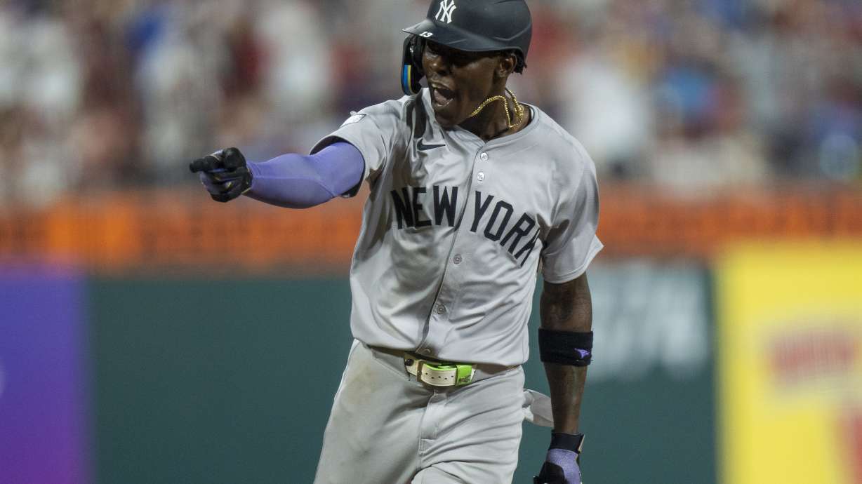 New York Yankees' Jazz Chisholm Jr. reacts to his three-run home run during the seventh inning of a baseball game against the Philadelphia Phillies, Tuesday, July 30, 2024, in Philadelphia.