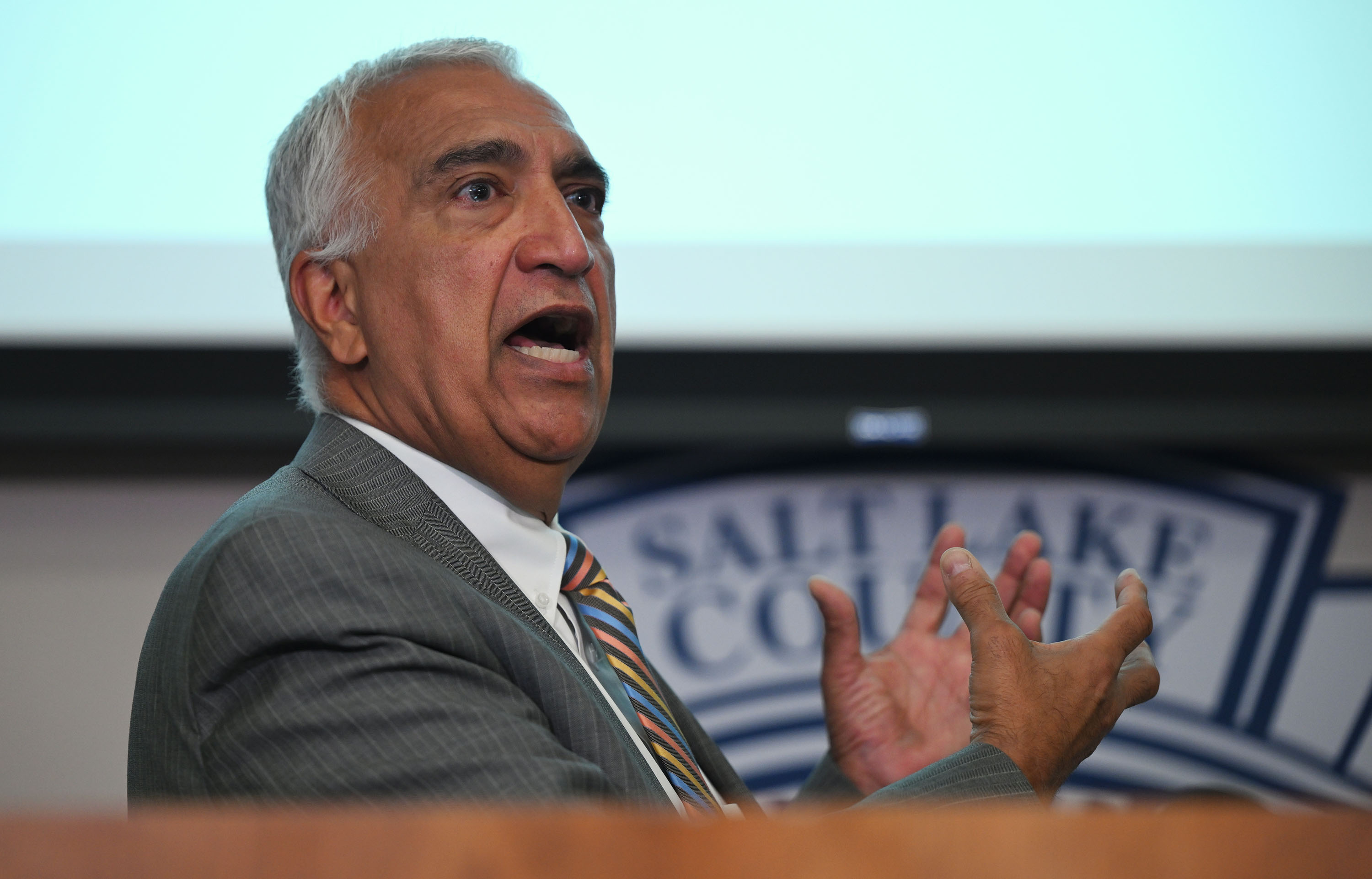 Salt Lake County District Attorney Sim Gill speaks during a press conference concerning a police shooting that occurred on Nov 8. 2022, held at the Salt Lake County District Attorney's Office Building in Salt Lake City on Friday. 