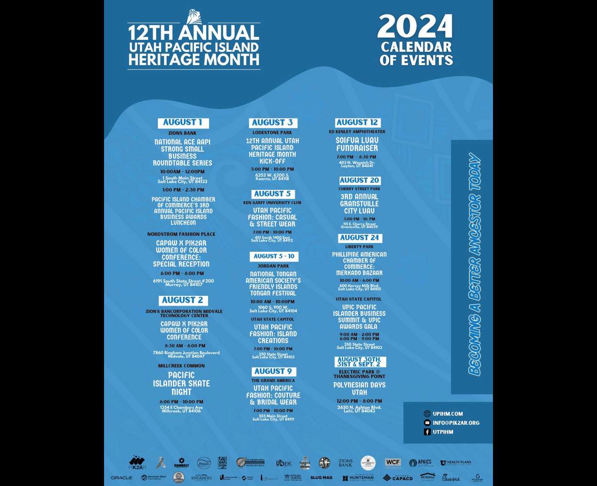 The flier provides the details of events planned as part of Utah Pacific Island Heritage Month in August.