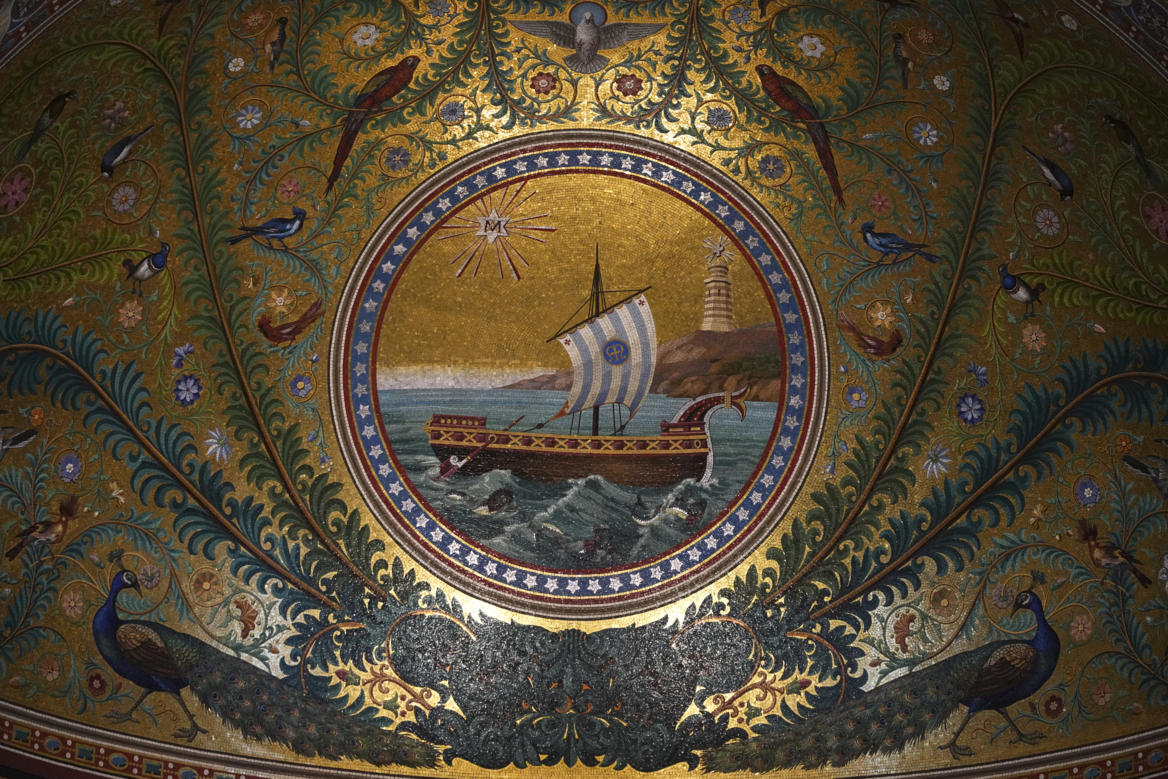 The mosaic of the cul-de-four of the apse is pictured inside the Notre Dame de la Garde Basilica in Marseille, France, Tuesday, July 30, 2024. 
