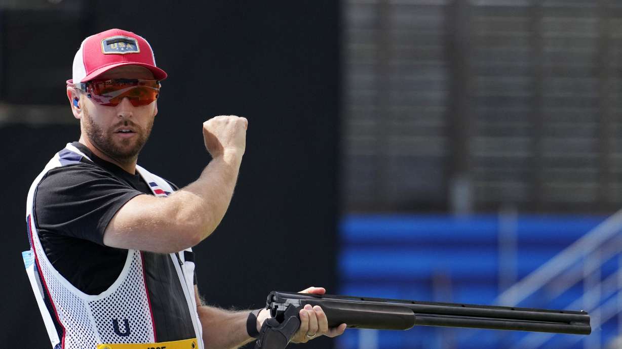 Vincent Hancock of the United States competes in the Skeet men's final at the 2024 Summer Olympics, Saturday, Aug. 3, 2024, in Chateauroux, France.