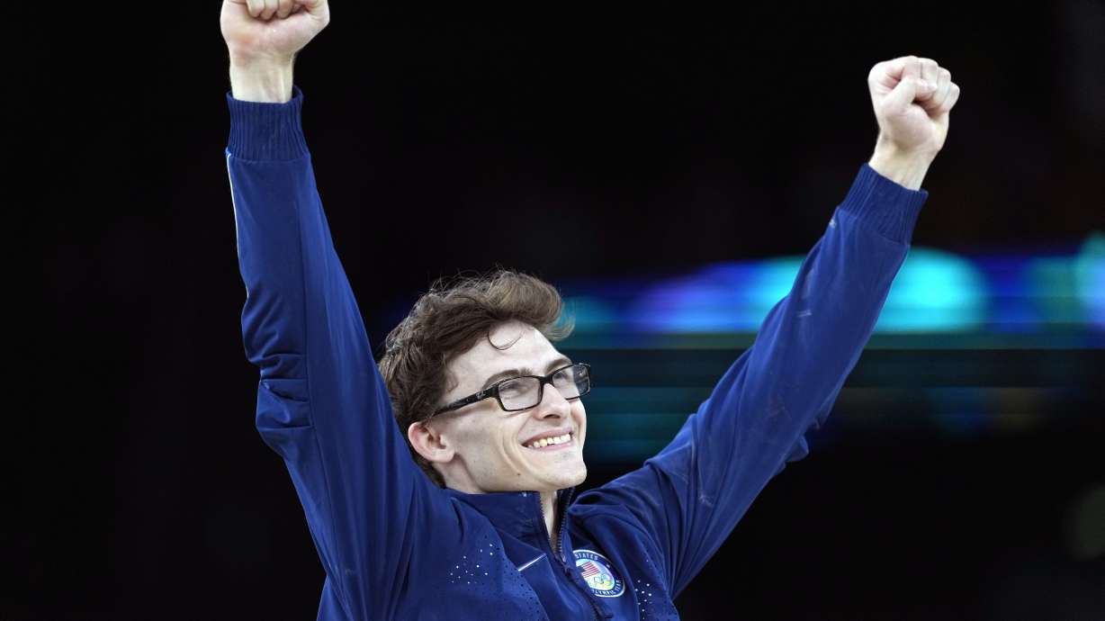 Stephen Nedoroscik, of the United States, celebrates after winning the bronze medal during the men's artistic gymnastics individual pommel finals at Bercy Arena at the 2024 Summer Olympics, Saturday, Aug. 3, 2024, in Paris, France.