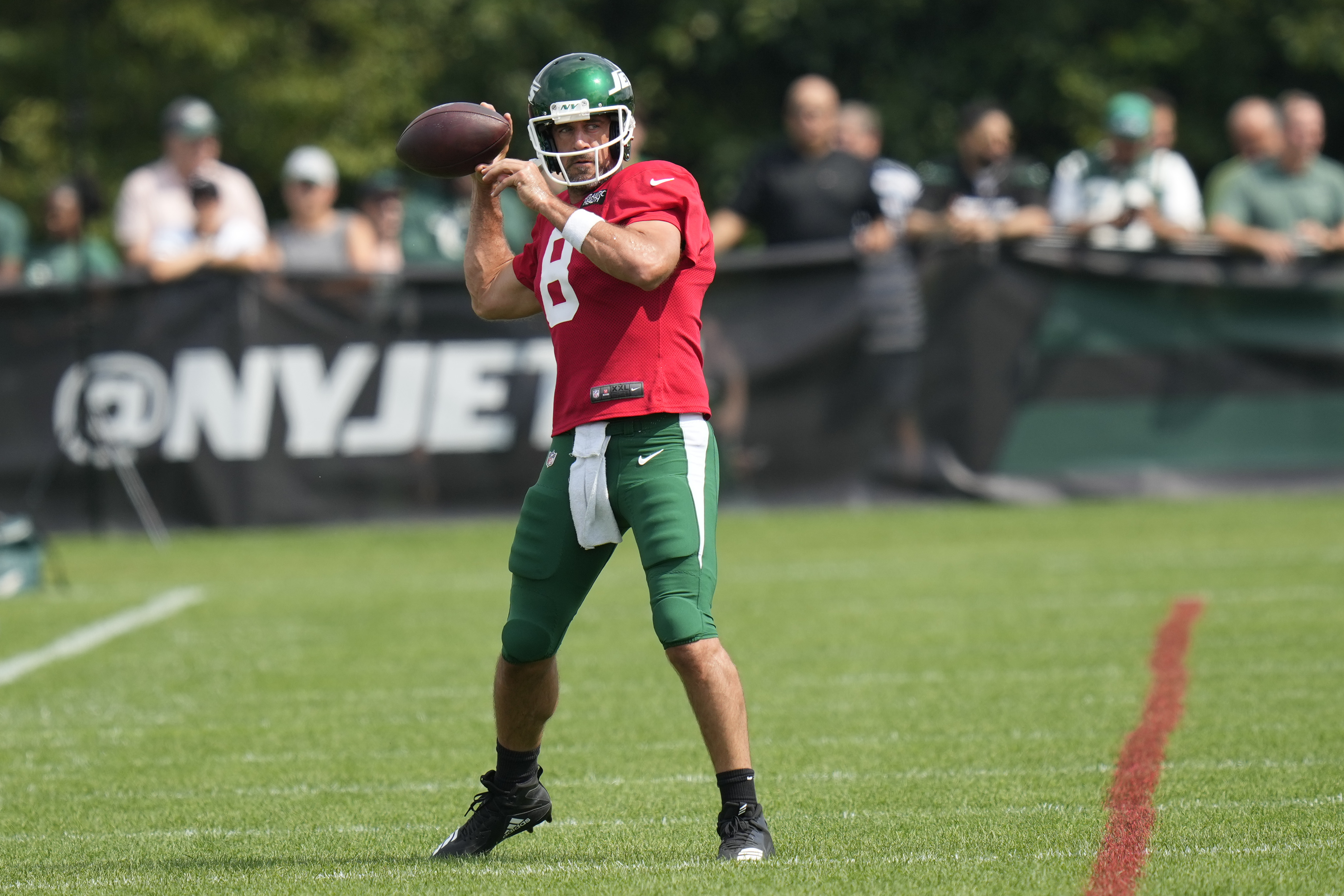 New York Jets quarterback Aaron Rodgers participates in practice at the NFL football team's training facility in Florham Park, N.J., Tuesday, July 30, 2024.