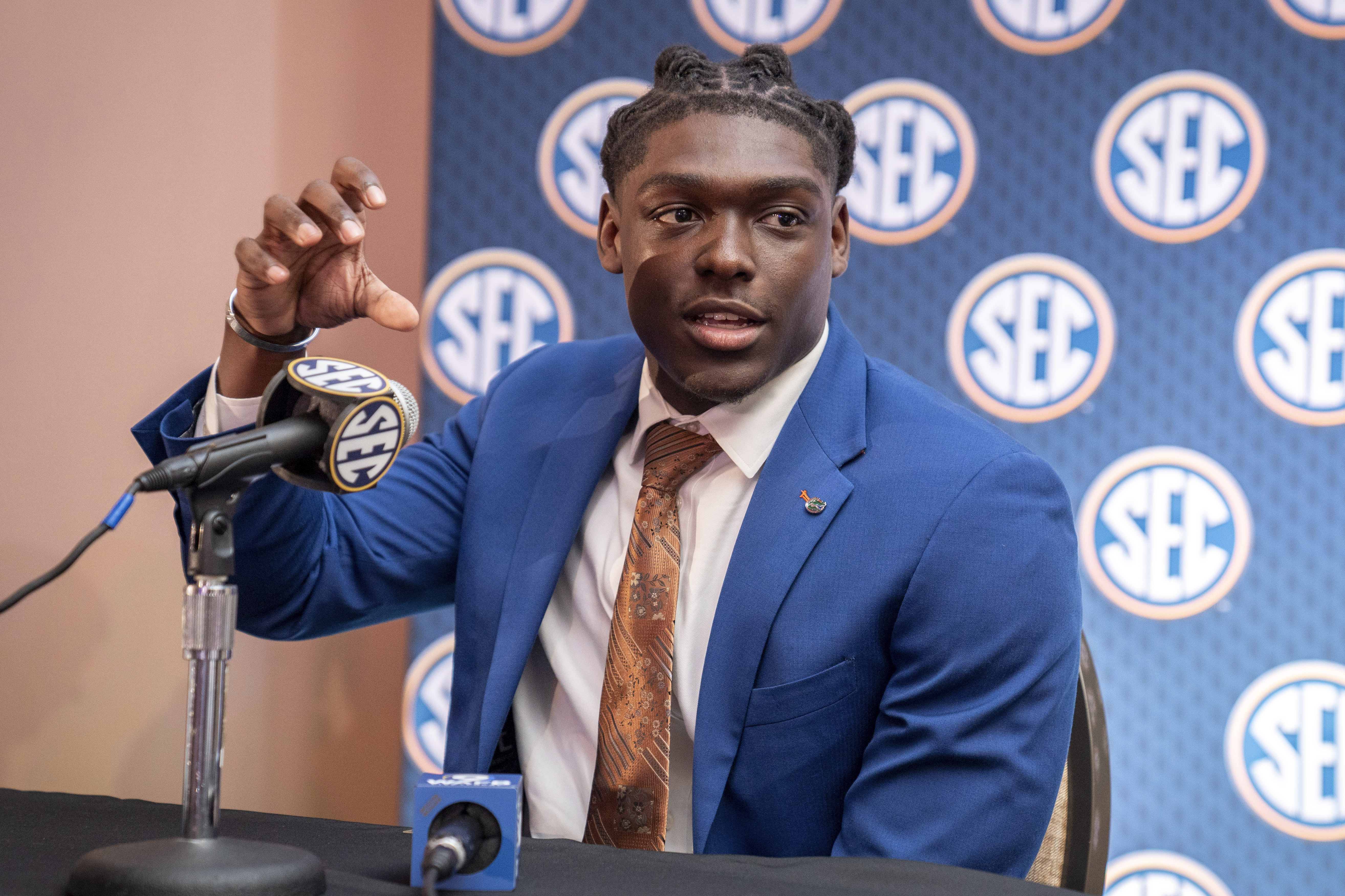Florida running back Montrell Johnson Jr. speaks during the Southeastern Conference NCAA college football media days Wednesday, July 17, 2024, in Dallas.