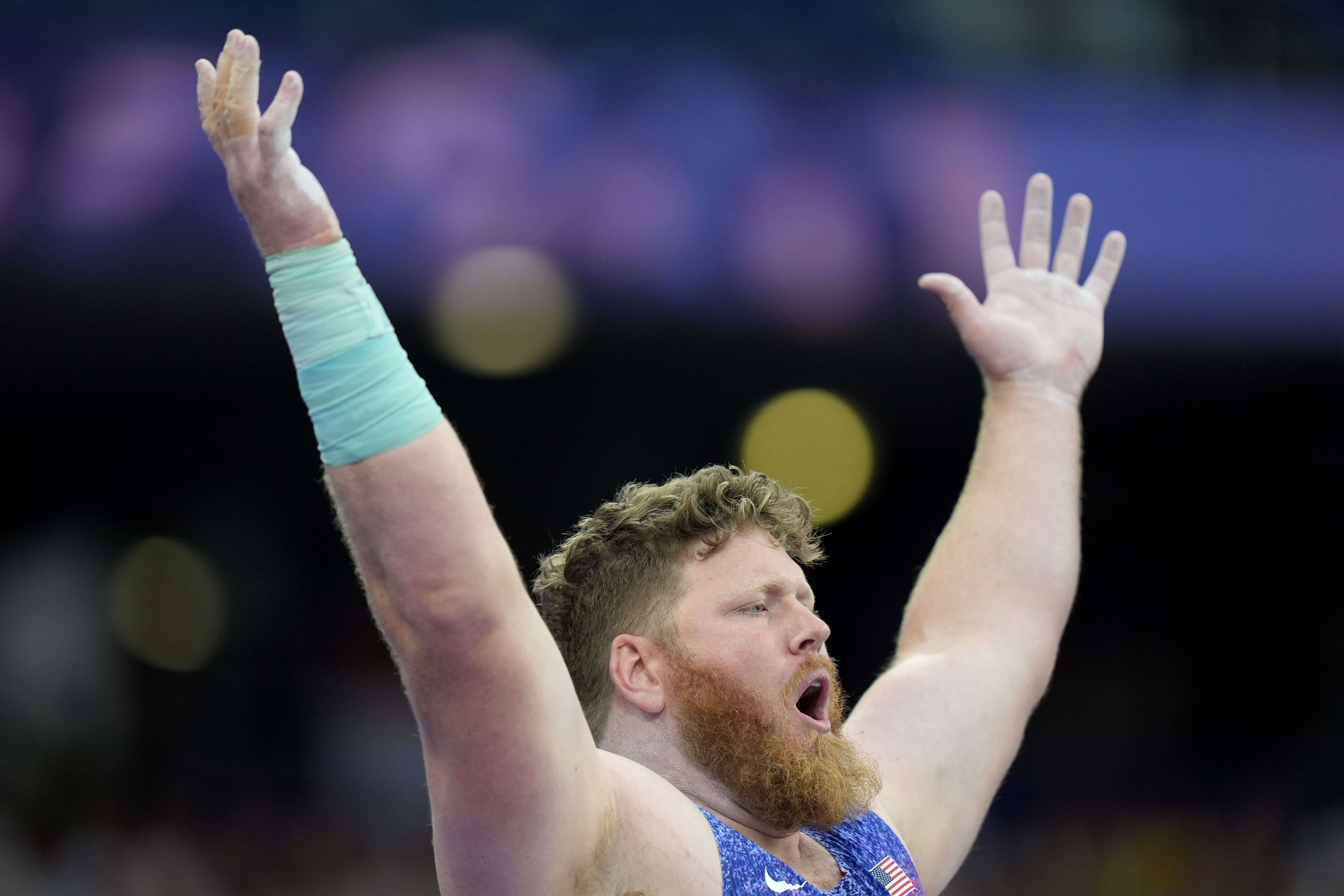 Ryan Crouser, of the United States, reacts in the men's shot put final at the 2024 Summer Olympics, Saturday, Aug. 3, 2024, in Saint-Denis, France.