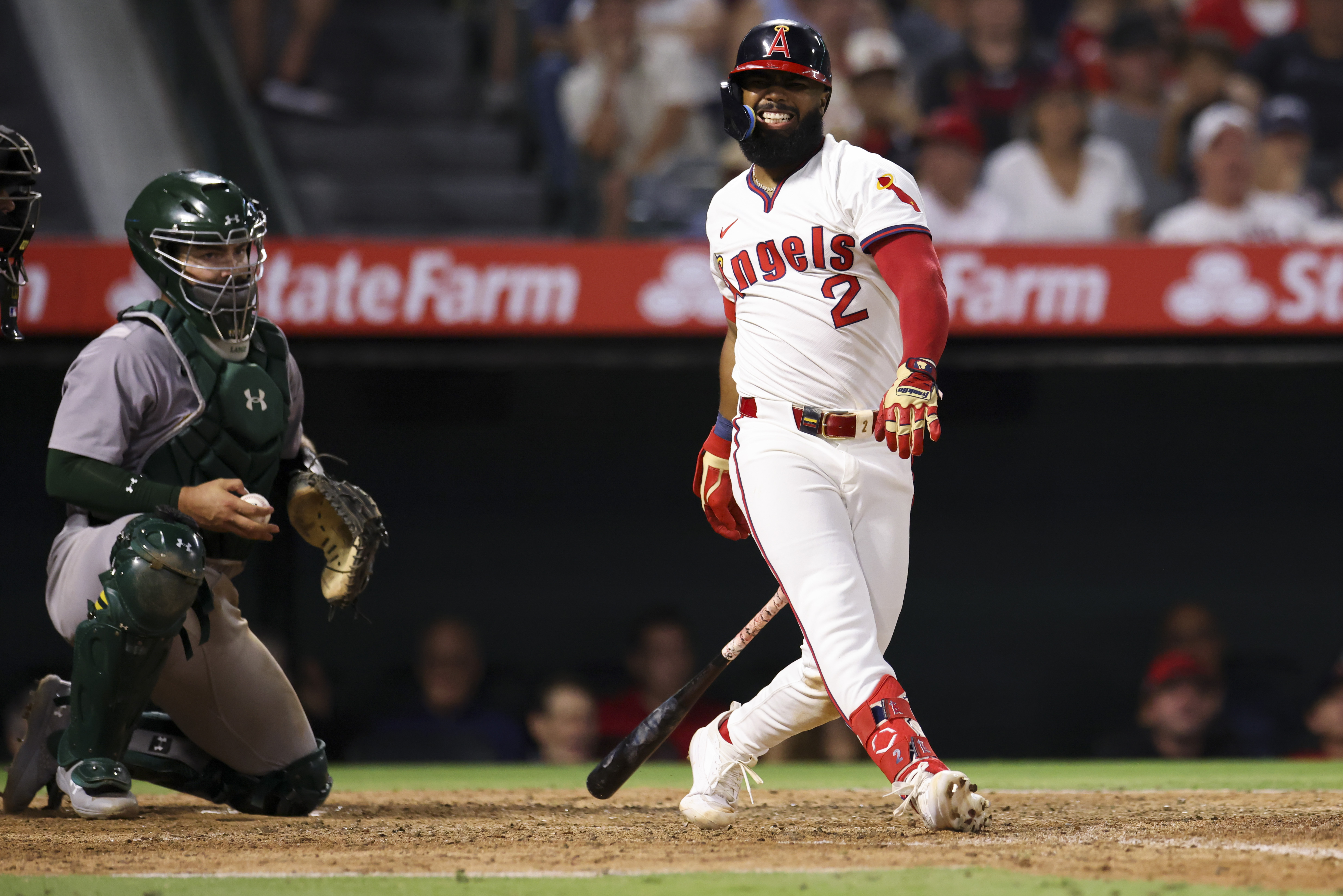 Los Angeles Angels' Luis Rengifo (2) reacts after striking out swinging during the eighth inning of a baseball game against the Oakland Athletics in Anaheim, Calif., Saturday, July 27, 2024. 