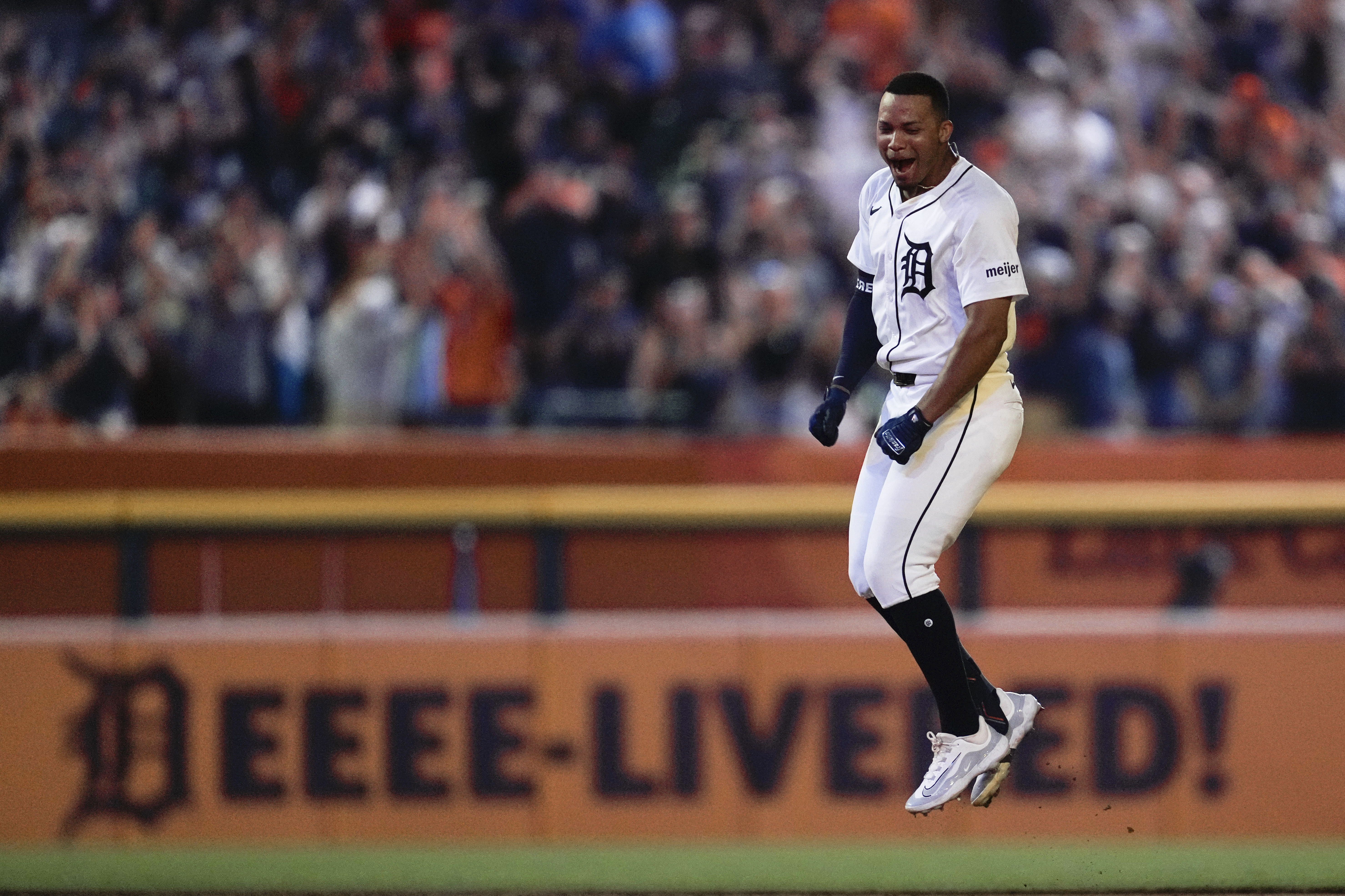 Detroit Tigers' Wenceel Pérez celebrates his walk off single against the Kansas City Royals in the 11th inning of a baseball game, Saturday, Aug. 3, 2024, in Detroit. 