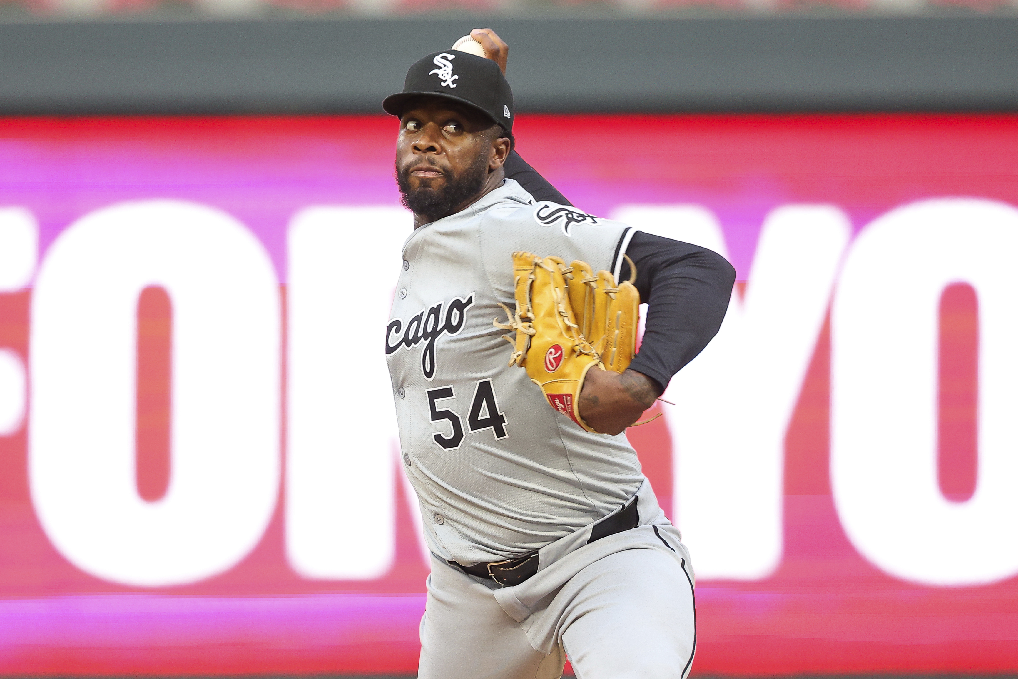 Chicago White Sox relief pitcher Touki Toussaint delivers against the Minnesota Twins during the fifth inning of a baseball game, Saturday, Aug. 3, 2024, in Minneapolis. 