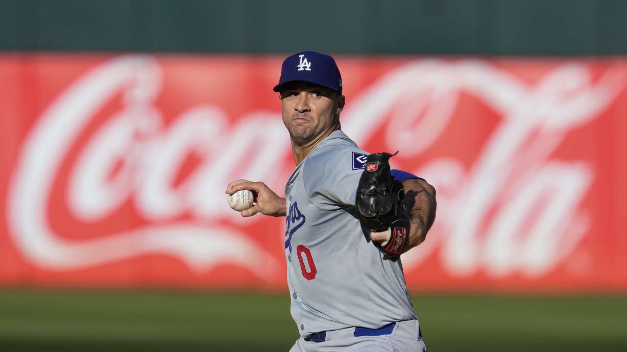 Los Angeles Dodgers pitcher Jack Flaherty throws to an Oakland Athletics batter during the first inning of a baseball game Saturday, Aug. 3, 2024, in Oakland, Calif.