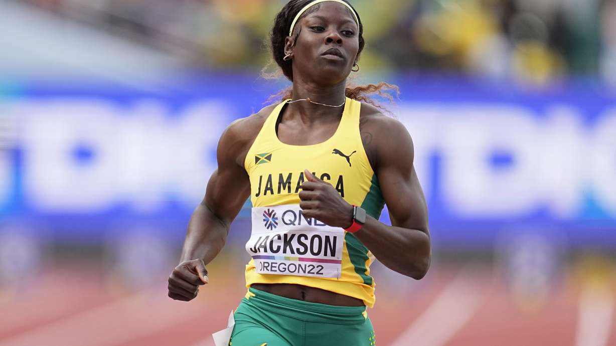 FILE - Shericka Jackson, of Jamaica, wins a heat in the women's 100-meter run at the World Athletics Championships, July 16, 2022, in Eugene, Ore.