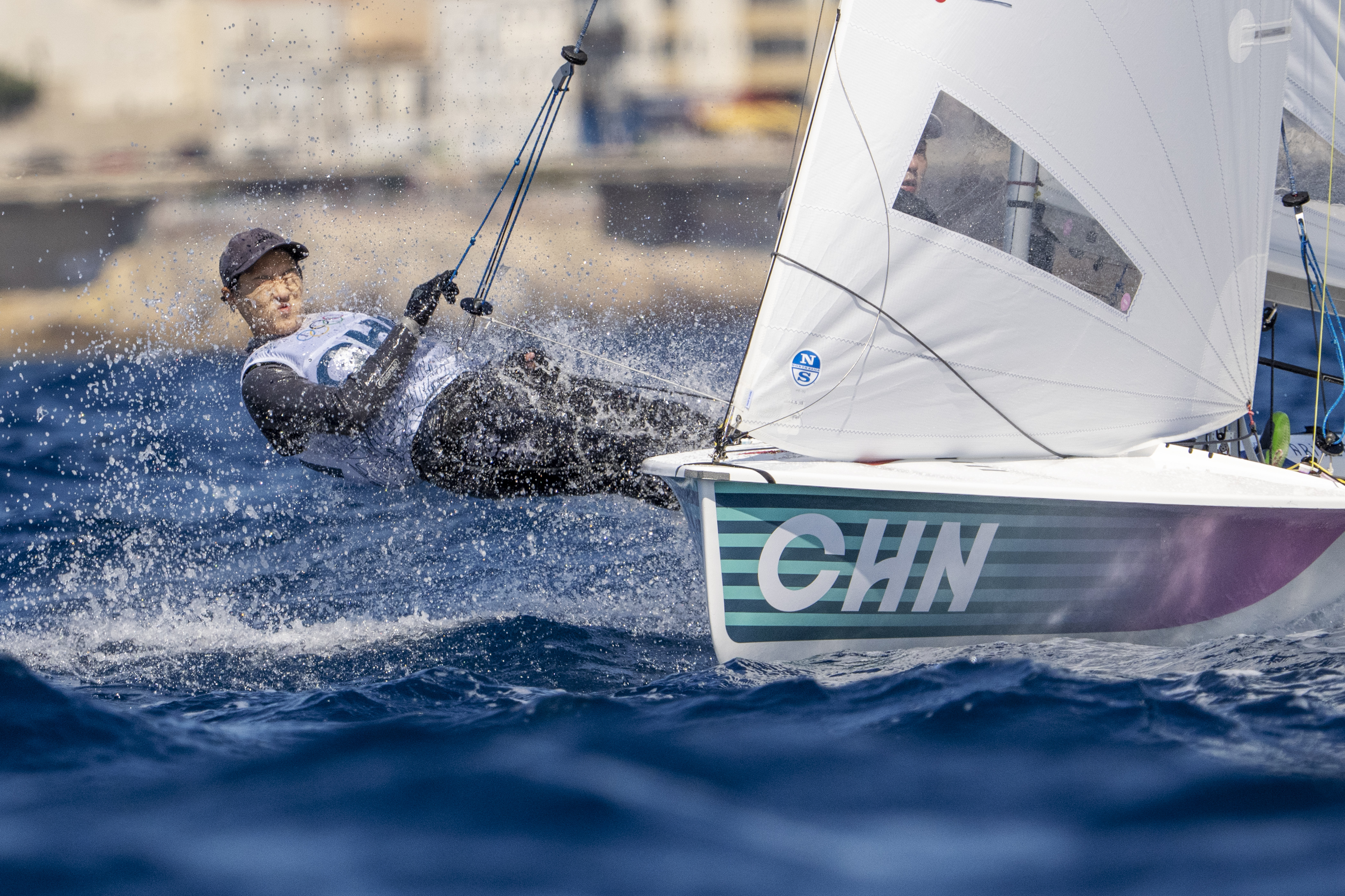 China's Huicong Mai and Linlin Chen compete in a mixed dinghy race, Saturday, Aug. 3, 2024, during the 2024 Summer Olympics in Marseille, France. 