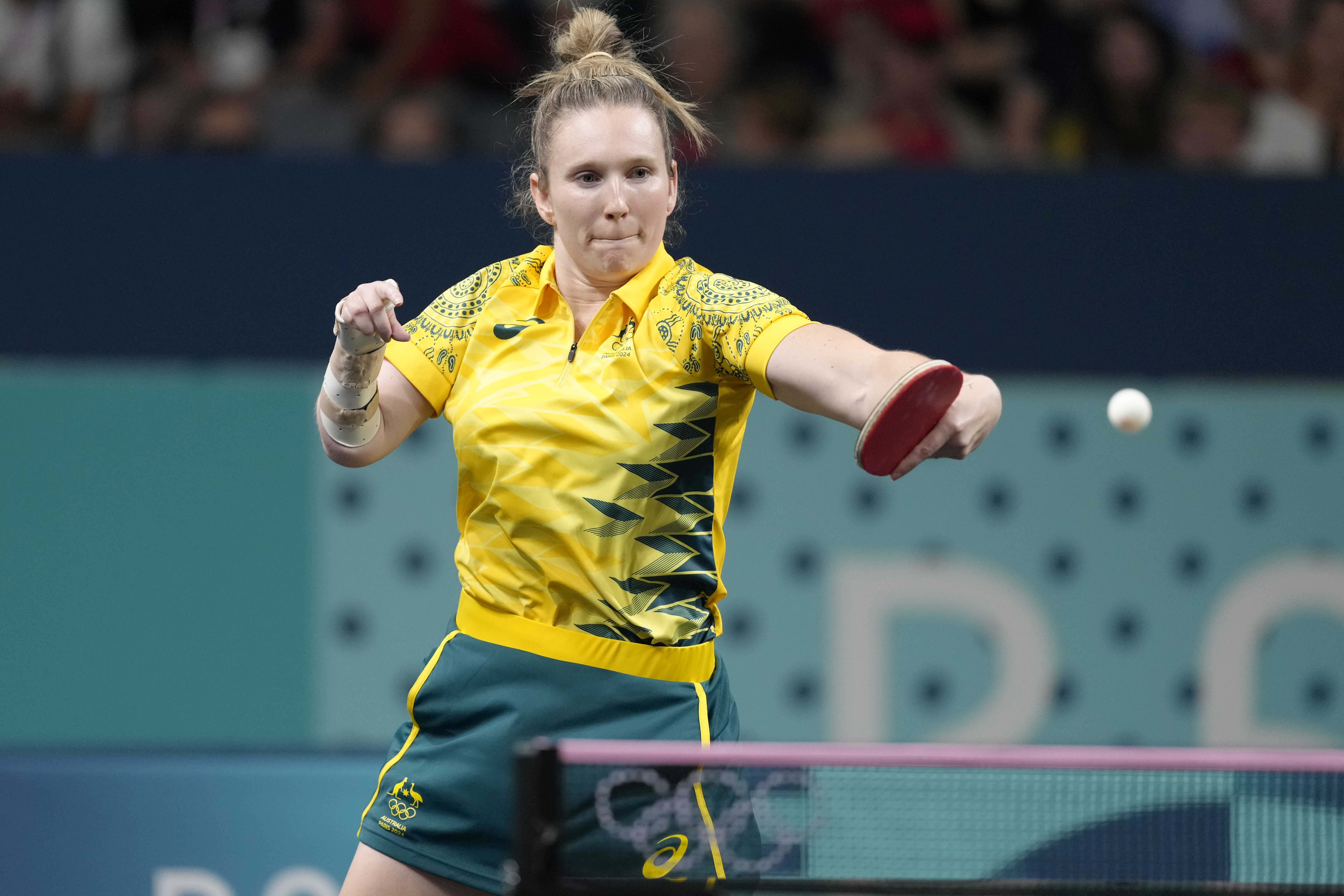 Australia's Melissa Tapper plays against South Korea's Shin Yubin during a women's singles round of 64 table tennis game at the 2024 Summer Olympics, Monday, July 29, 2024, in Paris, France. 