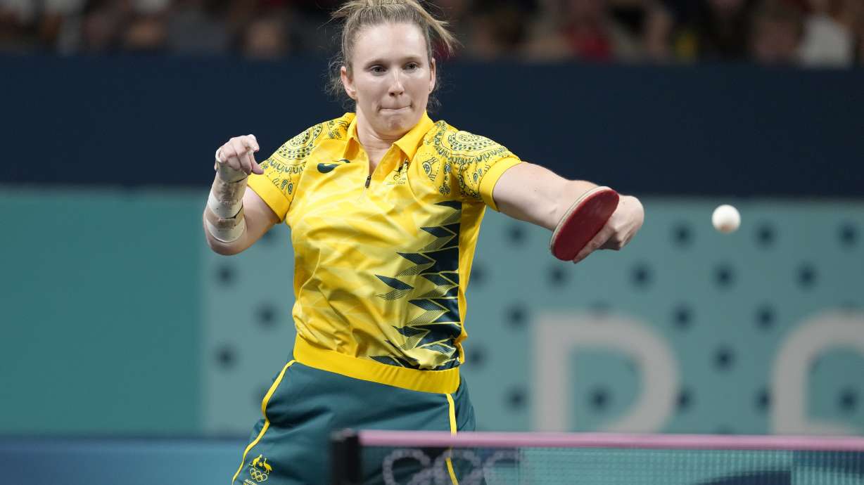 Australia's Melissa Tapper plays against South Korea's Shin Yubin during a women's singles round of 64 table tennis game at the 2024 Summer Olympics, Monday, July 29, 2024, in Paris, France.